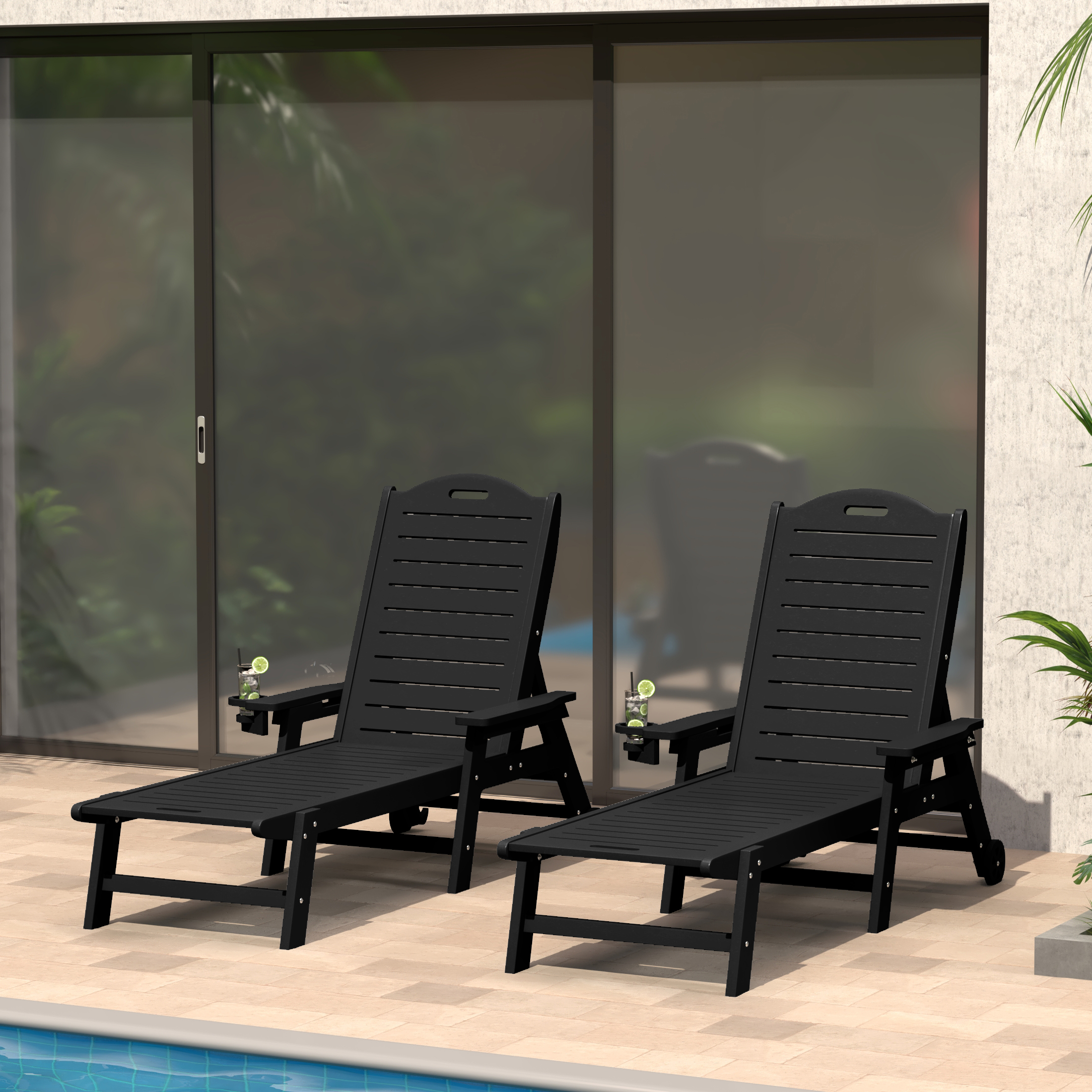 thumbnail video image 2 of WestinTrends Aruba Outdoor HDPE Patio Chaise Lounges With Wheels & Cup Holder (Set of 2), Dark Brown, 2 of 16