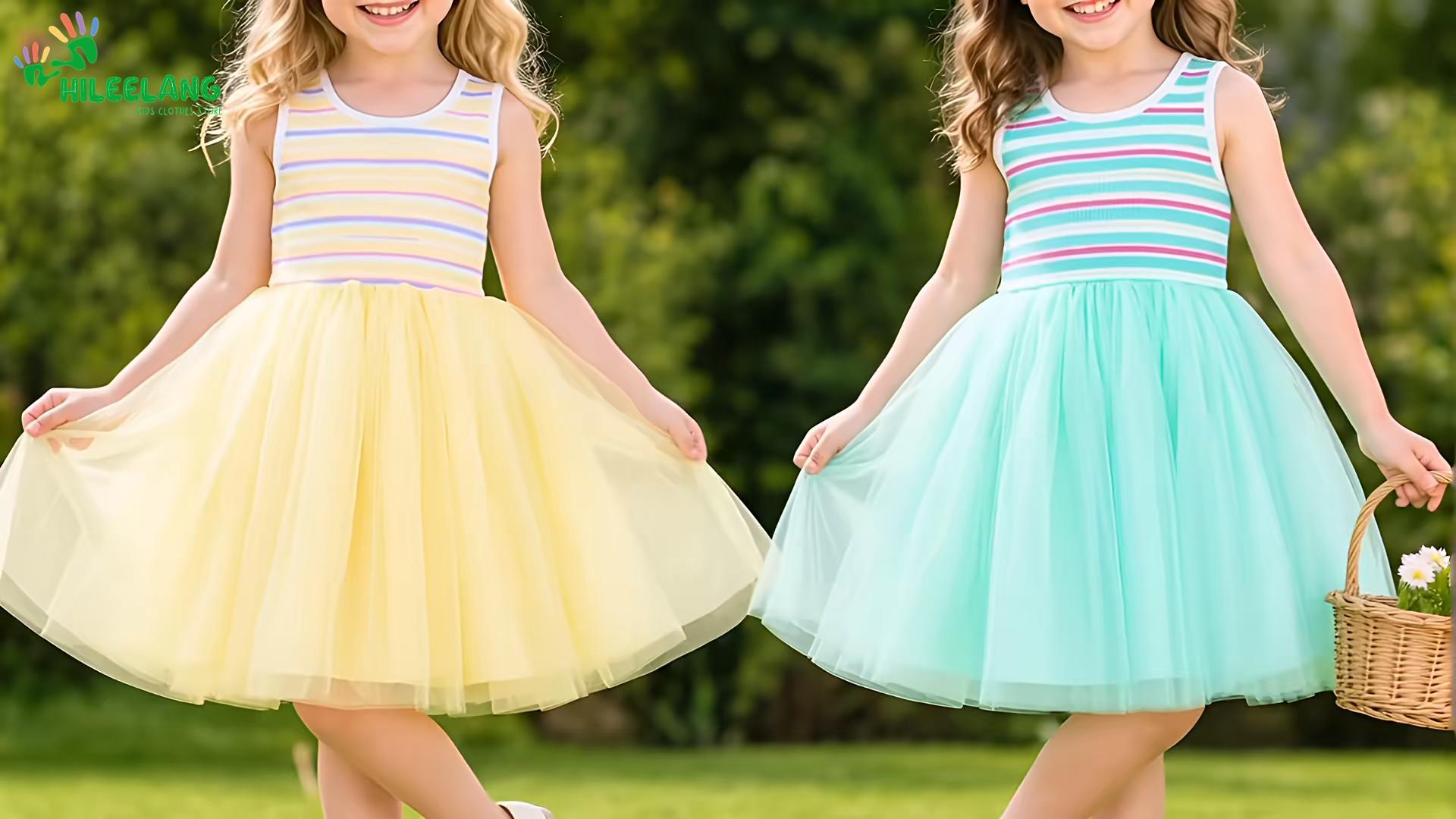 thumbnail video image 2 of HILEELANG 2-7 Toddler Little Girls Tulle Dress Lavender Sleeveless Ribbed Stripe Top Spring Summer 7 Years, 2 of 11