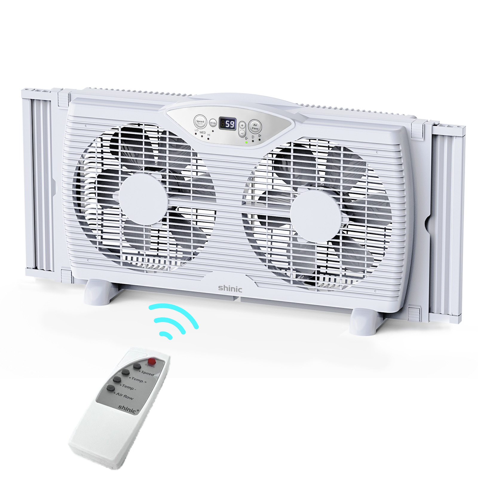 thumbnail video image 2 of Shinic 9" Twin Window Fan with Thermostat, Reversible Airflow, 3 Speeds, Expandable Width 23.8"-37", ETL Listed, 2 of 11