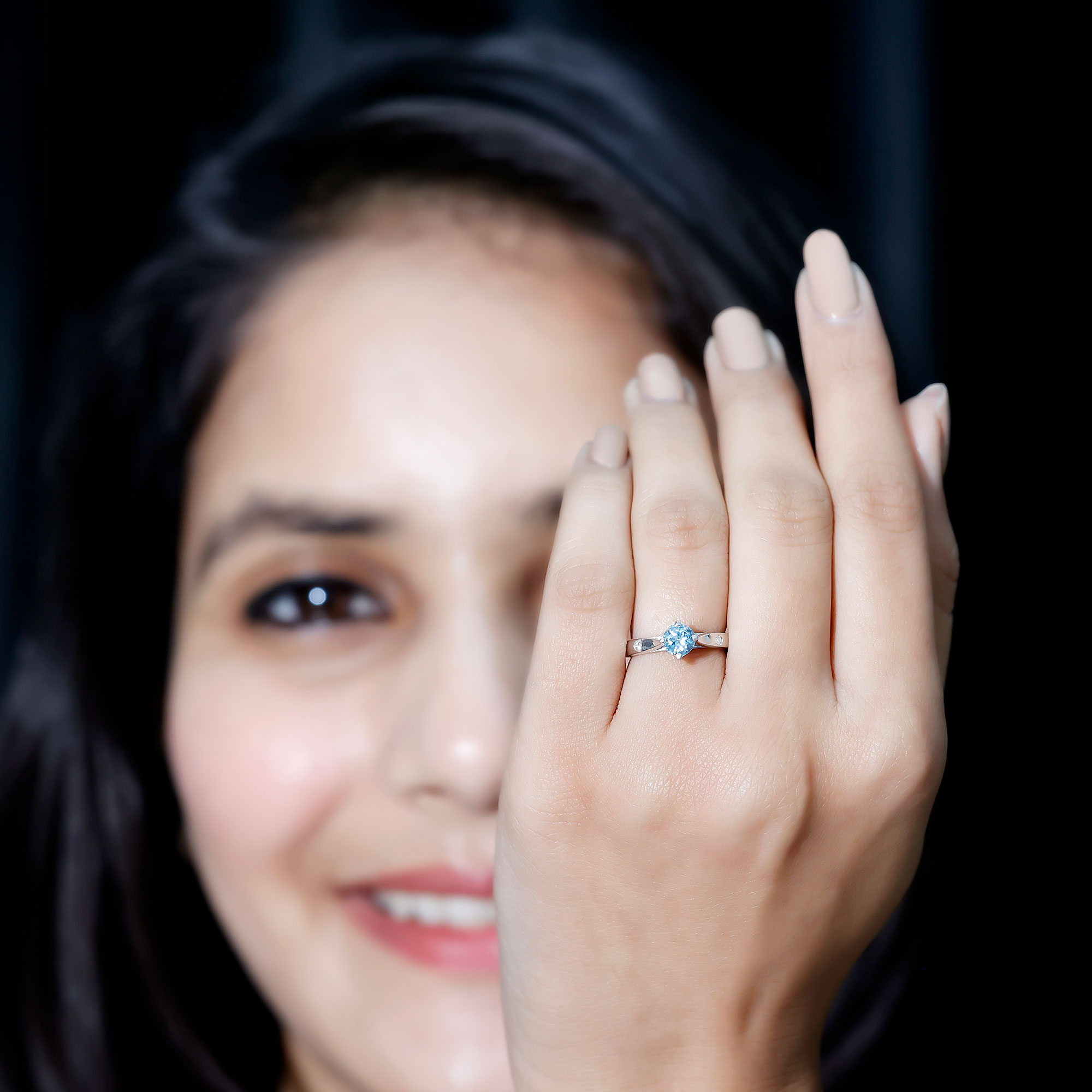 thumbnail video image 2 of Rosec Jewels Aquamarine Engagement Ring with Diamond - 6 mm Round March Birthstone Ring - AAA Grade - with Jewelry Box, 18K White Gold, US 7.00, 2 of 9