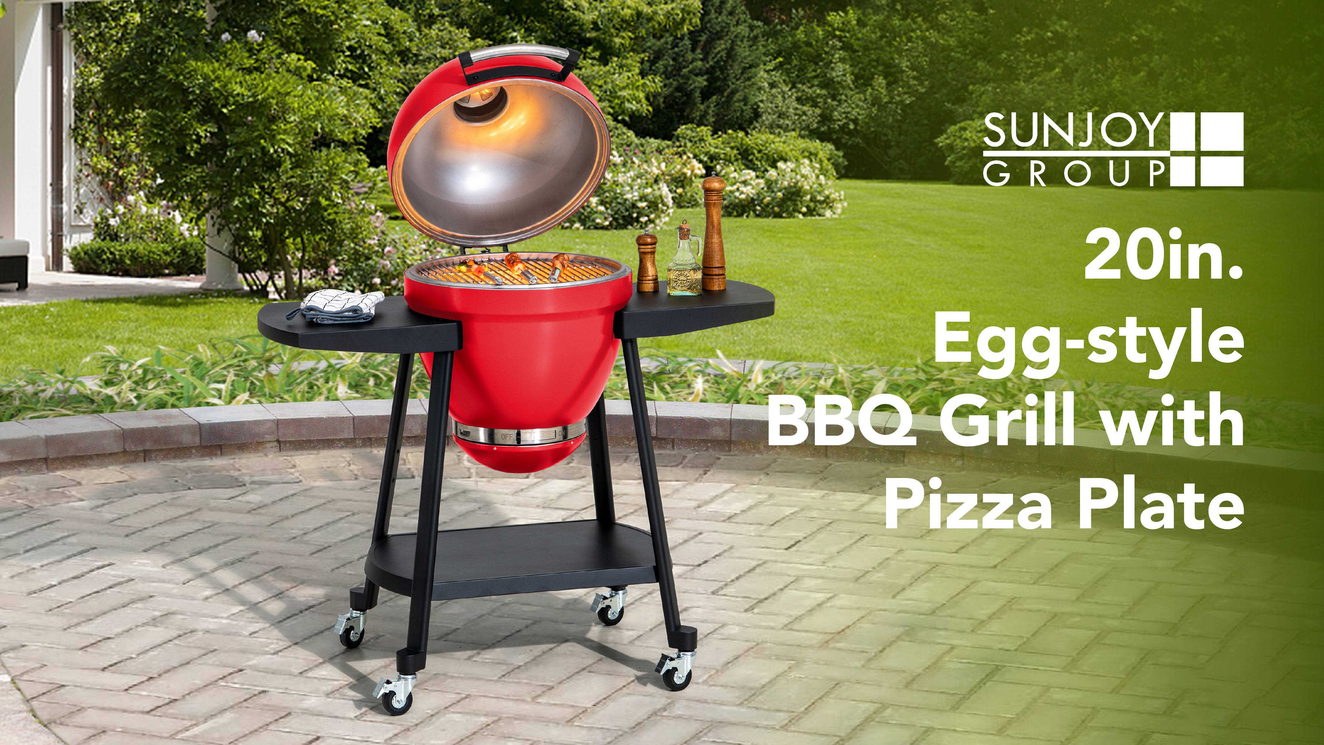 thumbnail video image 2 of SUNJOY 20 inch Charcoal Grill, Egg-shaped Outdoor Grill with Pizza Stone, Ultimate BBQ Grill and Smoker with Wheels, Red, 2 of 13