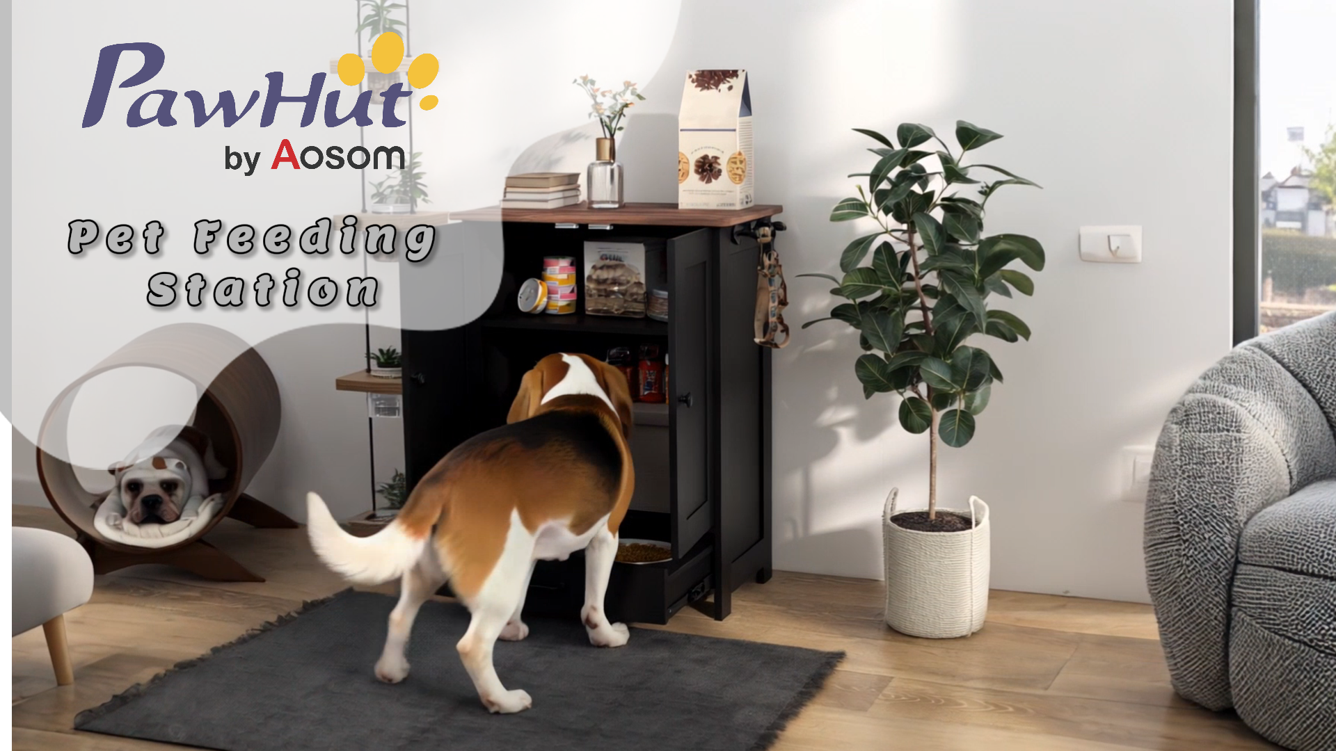 thumbnail video image 2 of PawHut Dog Feeding Station w/ Raised Dog Bowls, Adjustable Panel, Black, 2 of 10