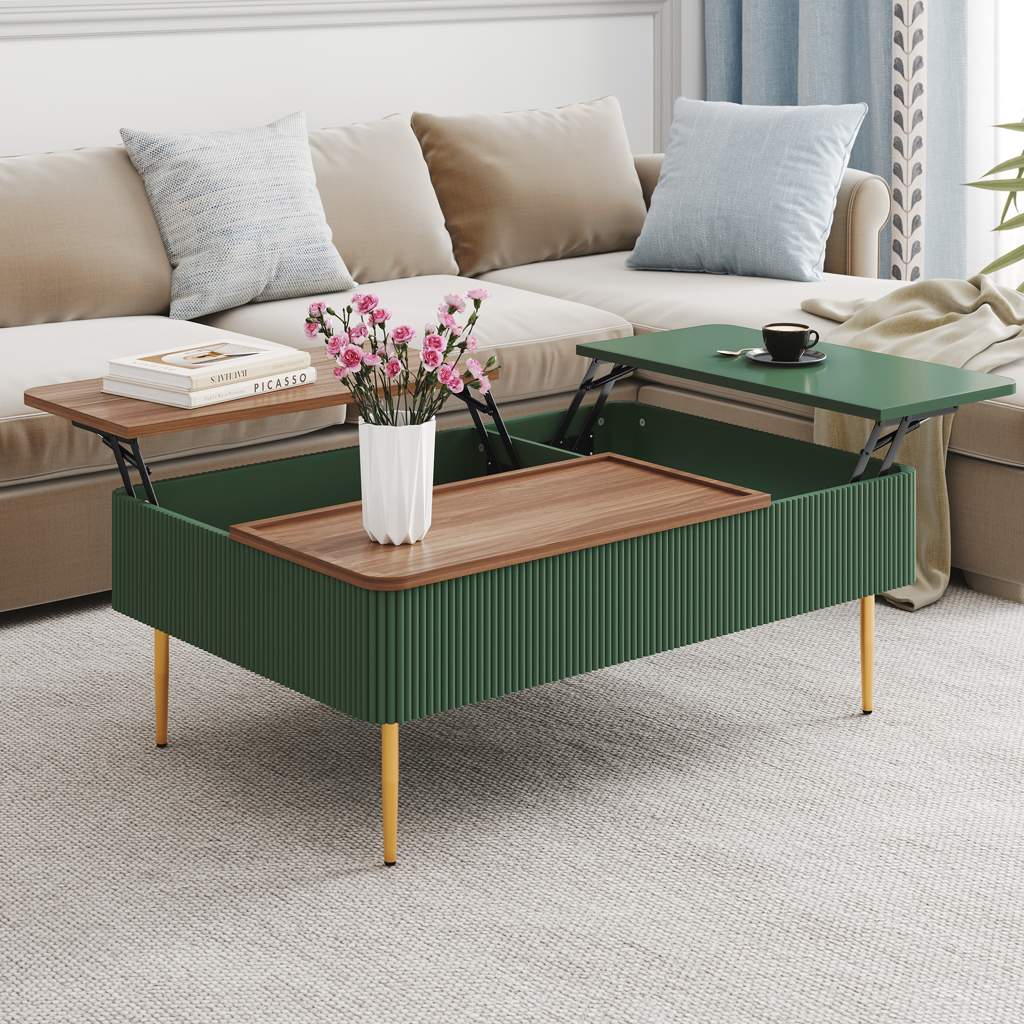thumbnail video image 2 of HLR 47"W Modern Lift Top Coffee Table with 3 Large Storage, Center Table for Living Room, Green, 2 of 8