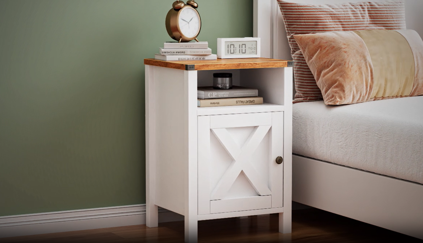 thumbnail video image 2 of EVOKEDEN Farmhouse Nightstands Set of 2, Rustic Vintage Side End Table w/ Storage & Barn Door for Bedroom Living Room, White, 2 of 11