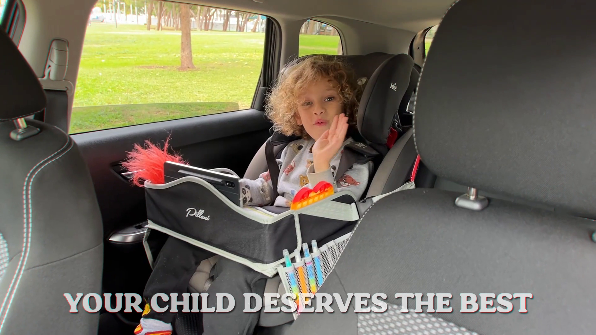 thumbnail video image 2 of PILLANI Kids Travel Tray for Car - Car Seat Tray for Kids Travel, Road Trip Essentials, Carseat Table for Roadtrip Activities - Must Have Toddler Lap Desk Organizer for Airplane - Car Accessories, 2 of 7