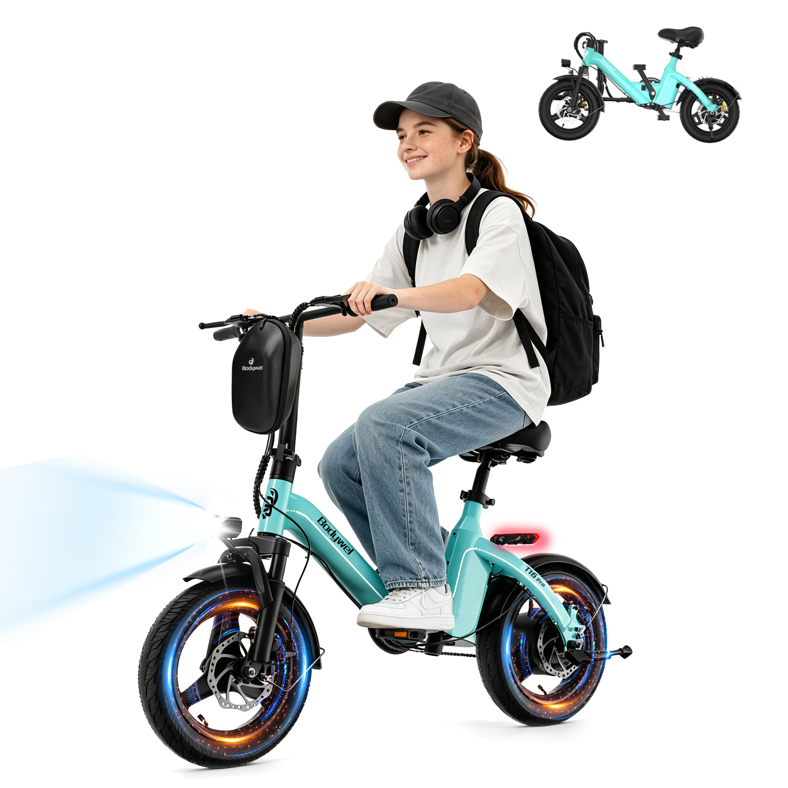 thumbnail video image 2 of Bodywel Electric Bike for Adults & Teens 14+, 14" Folding Ebike, Peak 500W Motor, 36V 10Ah Battery, School Supplies E-Bike, Commuting Bicycle, UL2849, 2 of 12