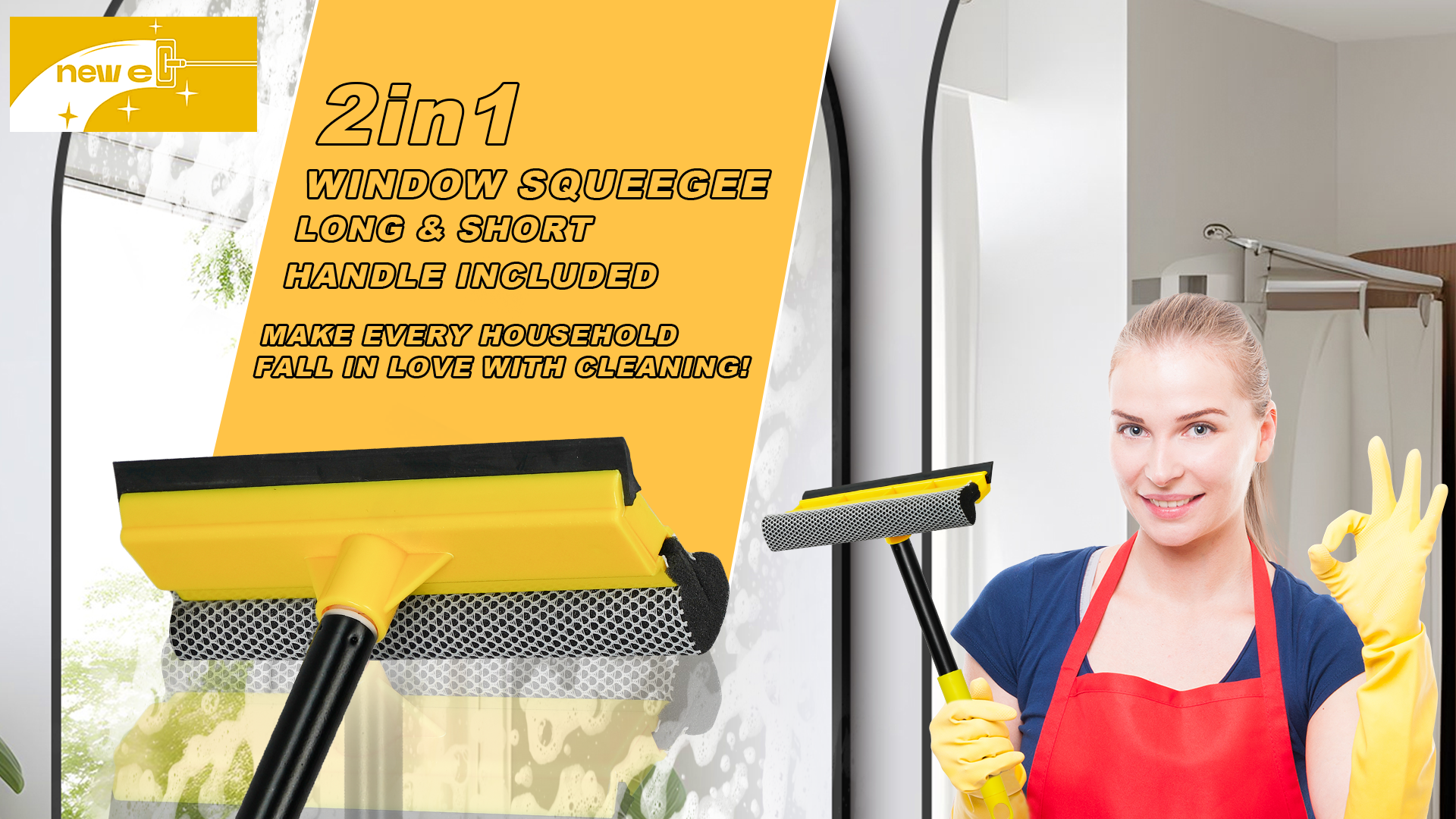 thumbnail video image 2 of NEWE Window Squeegee with Extension Pole 54.5 inches, Short Handle Included, Yellow, 2 of 7