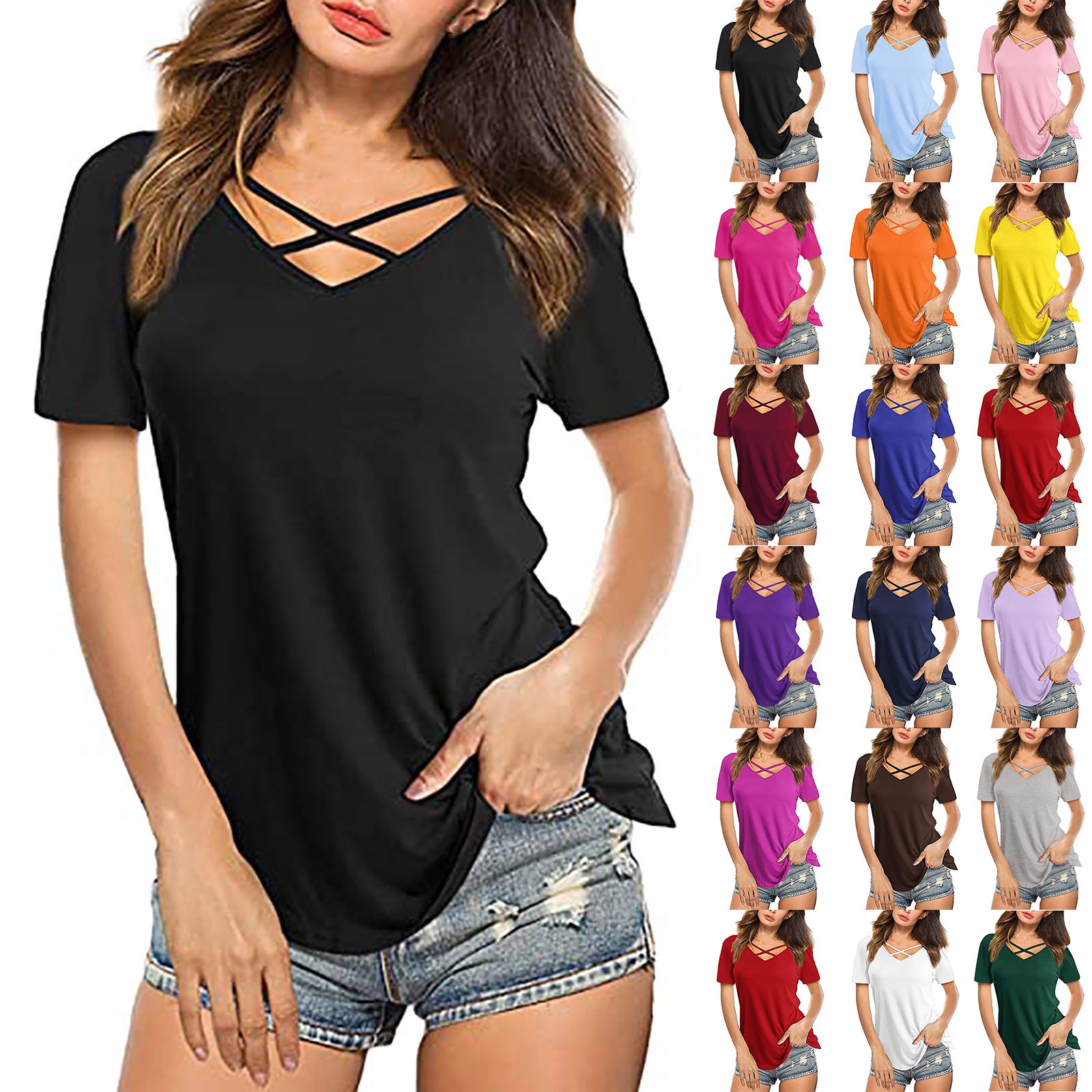 thumbnail video image 2 of Delayuji Short Sleeve Shirts for Women Womens Summer Tops V Neck Criss Cross Short Sleeve Basic Plain Tee T-Shirt L Green, 2 of 6