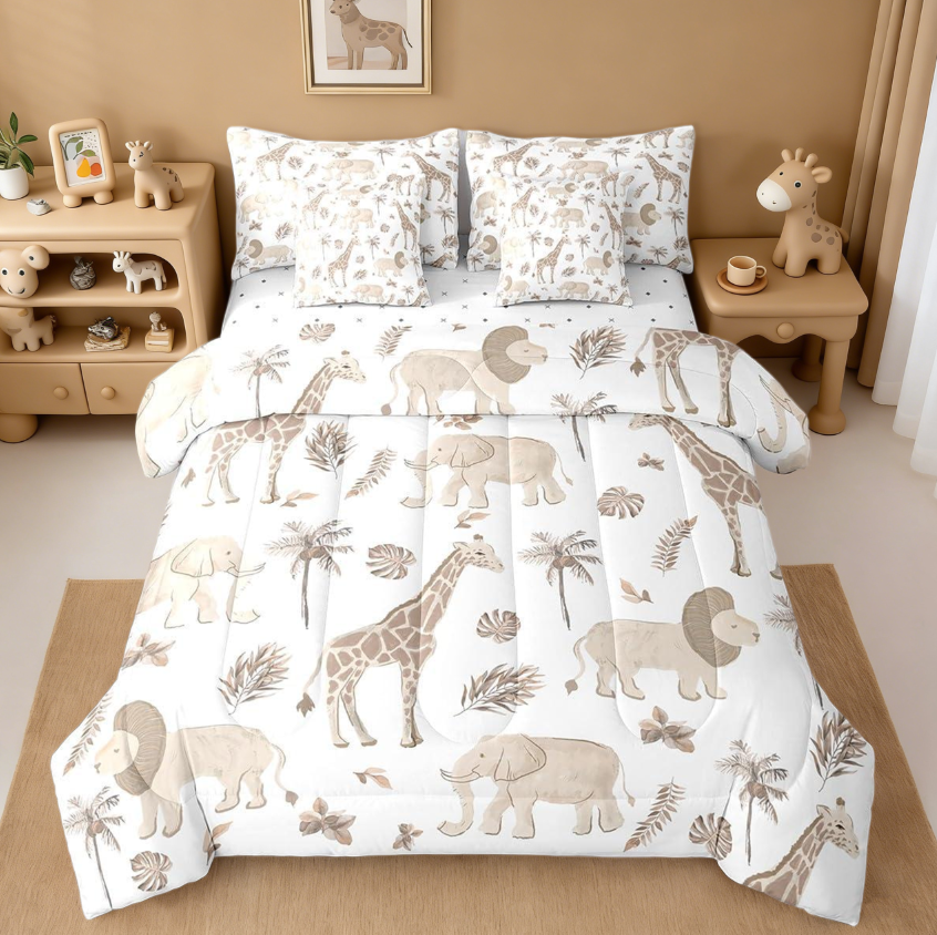 thumbnail video image 2 of Manfei Jungle Animals 7pcs Bedding Comforter Set,Elephant Lion Giraffe Animal African Safari Animal Queen Bedding Sets For Kids Reversible, 2 of 8
