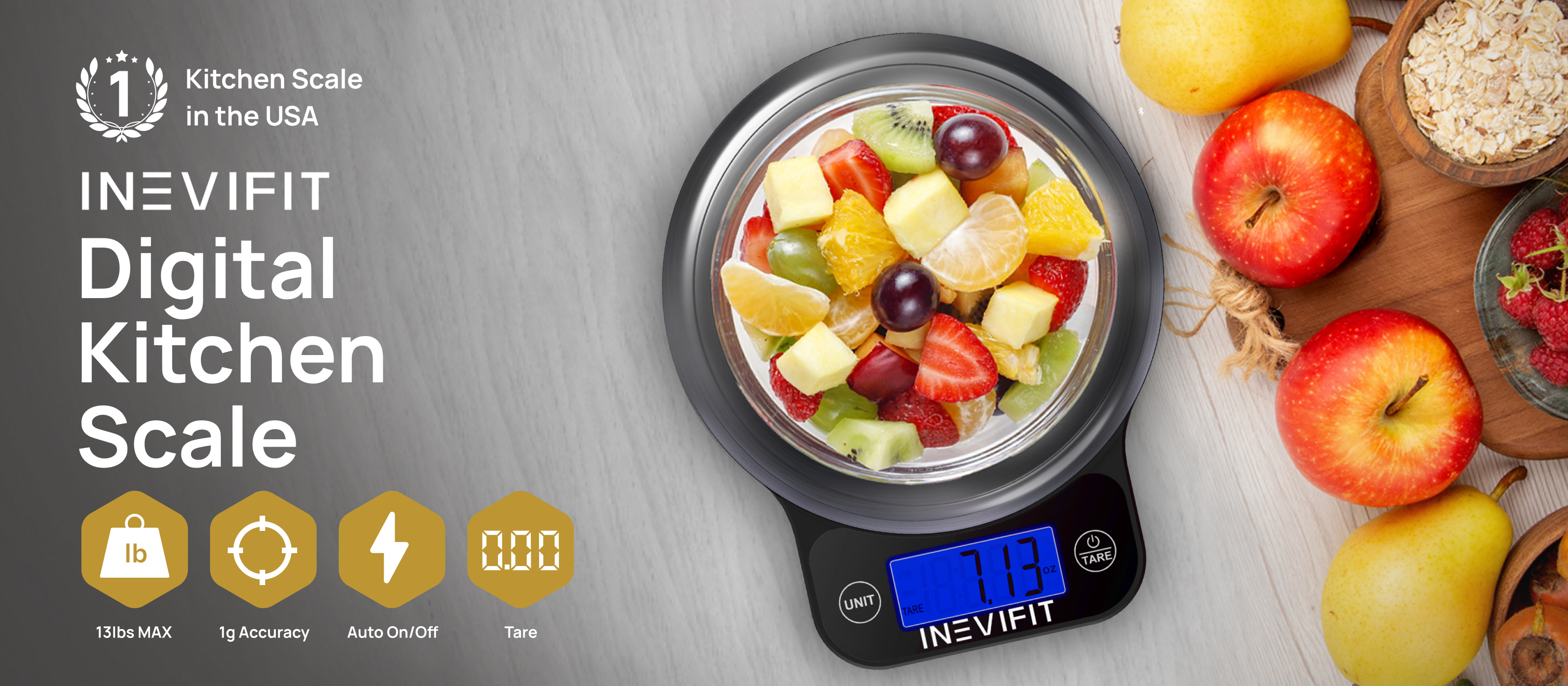 thumbnail video image 3 of INEVIFIT DIGITAL KITCHEN SCALE, Highly Accurate Multifunction Food Scale 13 lbs 6kgs Max, Clean Modern White with Premium Stainless Steel Finish. Includes Batteries & 5-Year Warranty - White, 3 of 8