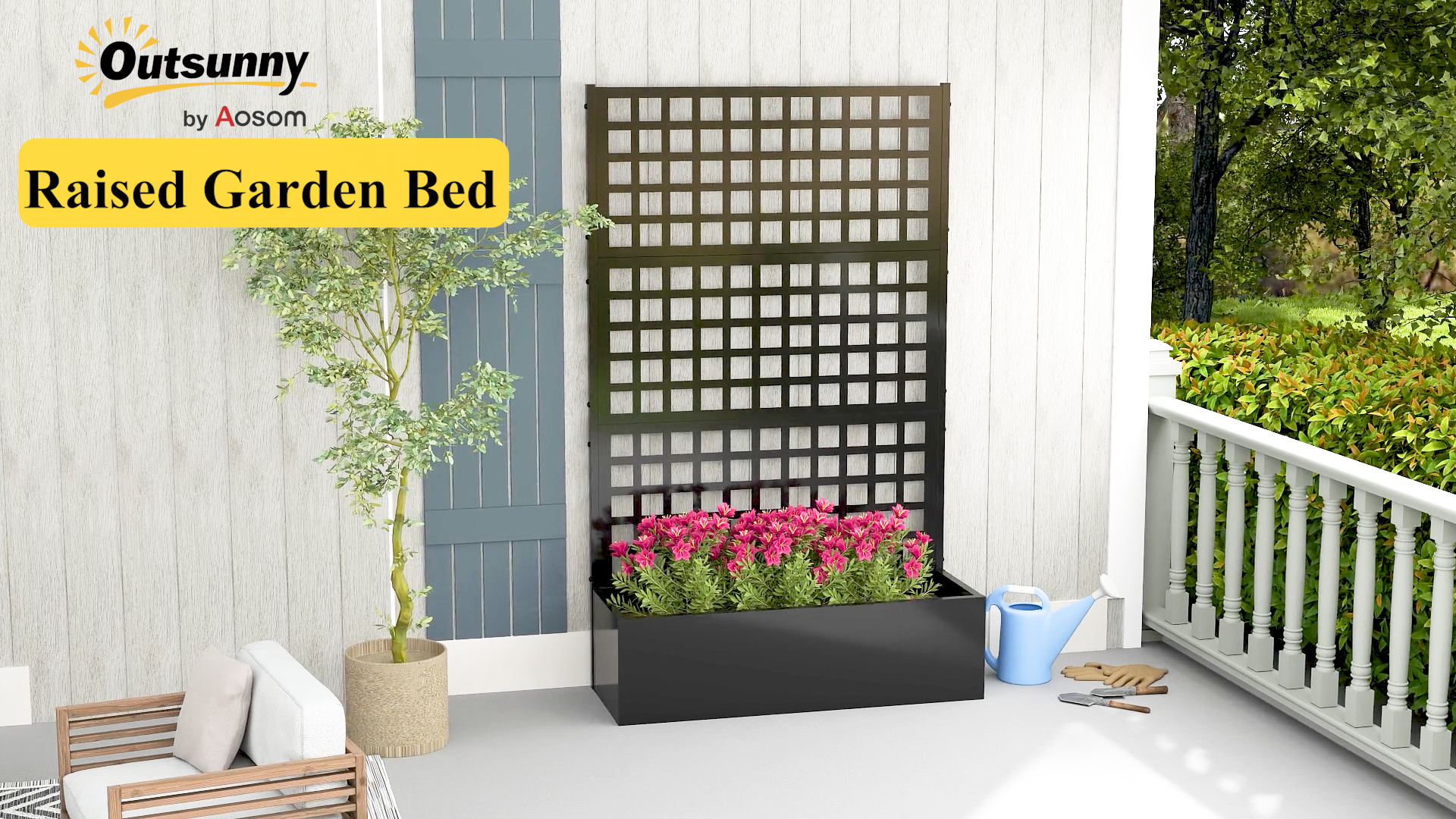 thumbnail video image 2 of Outsunny Galvanized Raised Garden Bed with Trellis and Drainage Holes for Climbing Plants, Vegetable, Vines, 43" x 16" x 70", Black, 2 of 9