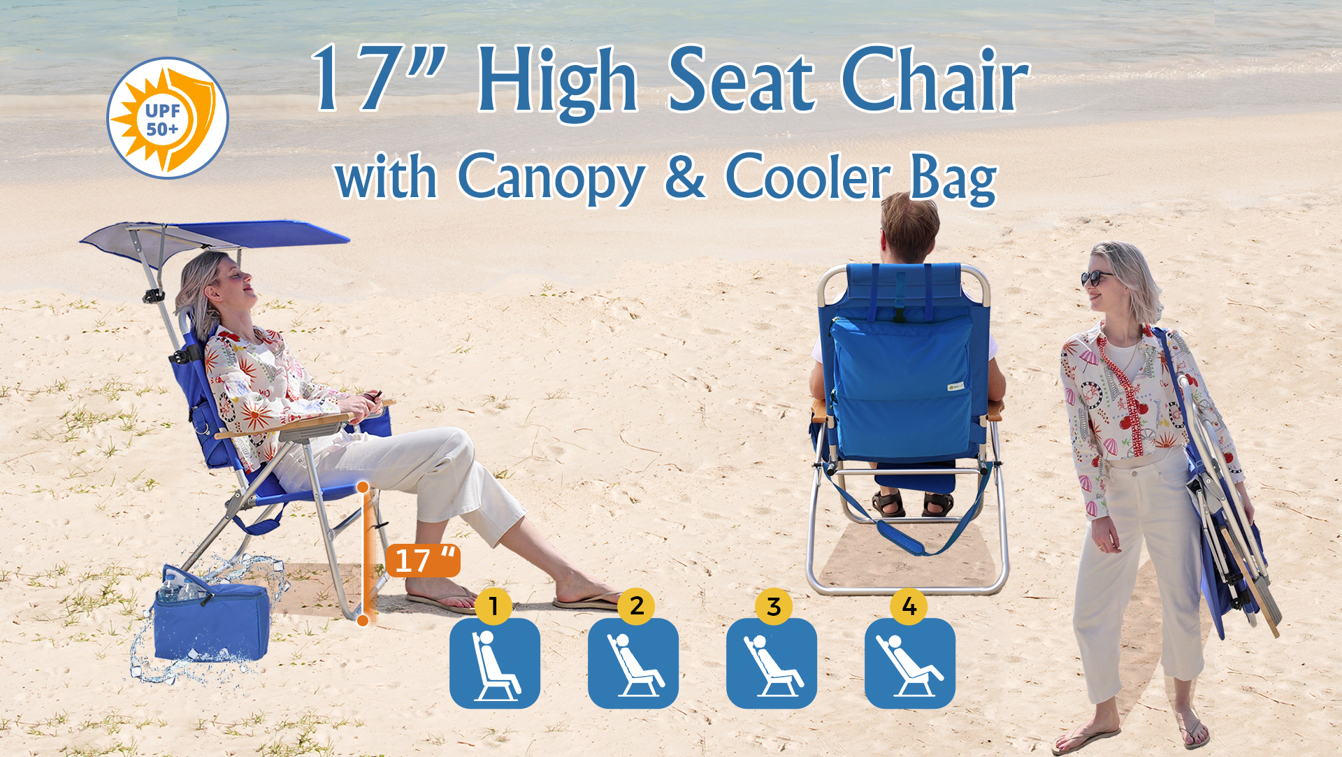 thumbnail video image 2 of Heavy Duty Tall Beach Chair with Canopy Shade for Adults, 17" High Off Ground, 4-Position Reclining, Insulated Cooler & Storage Pouch, Bamboo-Finish Arms, 300 lb Capacity, 2 of 9