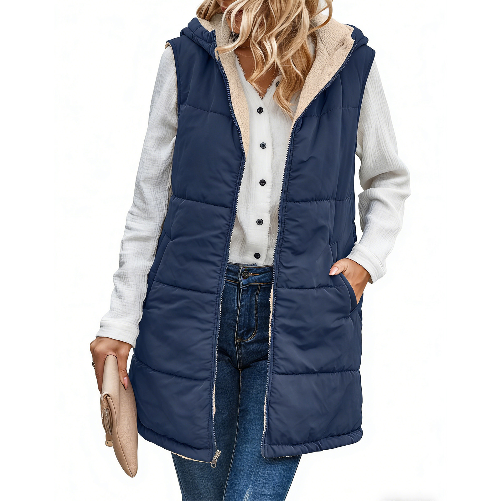 thumbnail video image 2 of NAYTOAO Women Long Puffer Vest: Fall Zip up Reversible Fleece Jacket Winter Warm Sleeveless Hooded Coat with Pockets, 2 of 10