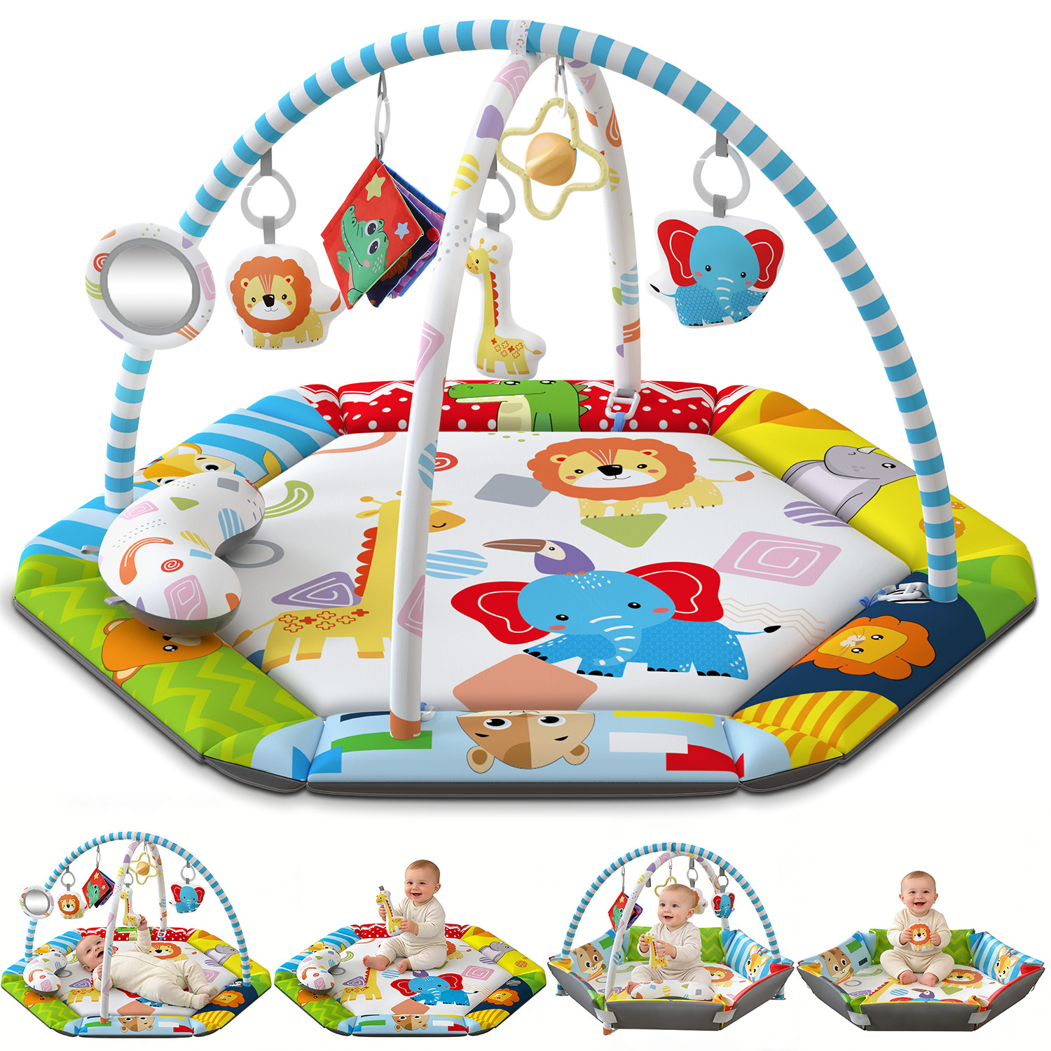 thumbnail video image 2 of JoyStone 8 in 1 Infant Play Gym with 6 Detachable Toys, Washable Activity Mat, Ages 0-18M, 2 of 12