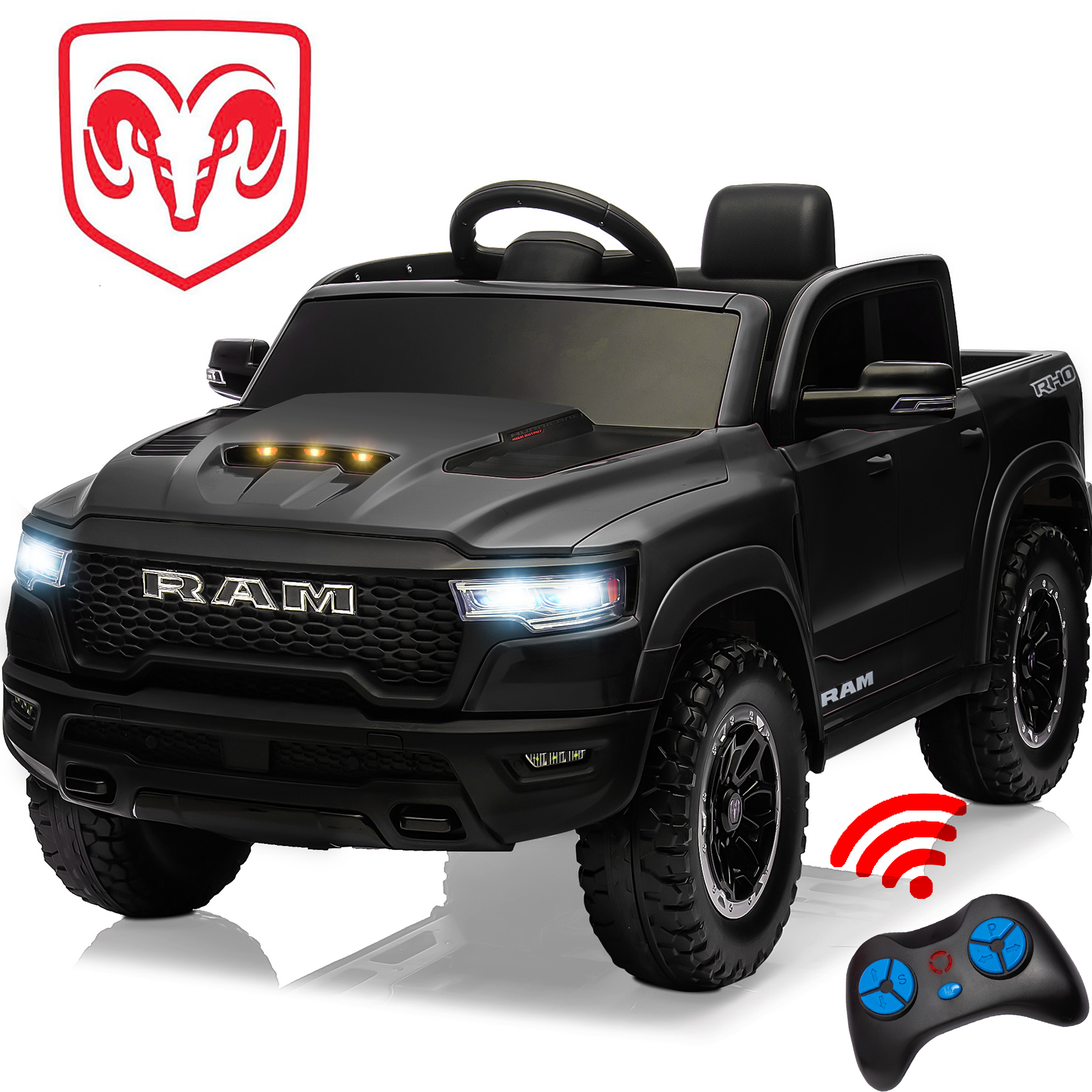 thumbnail video image 2 of RAM 1500 Ride on Car Toy for Kids, 12V Powered Ride on Truck Toy with Remote Control, 4 Wheel Suspension, Safety Belt, Music, Bluetooth, LED Lights, Electric Cars for 3-5 Yrs Boy Girl, Blue, 2 of 12
