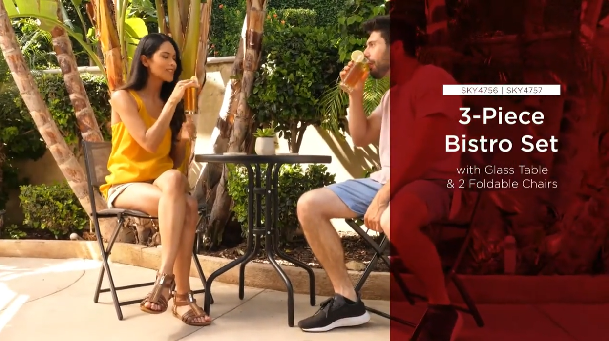 thumbnail video image 2 of Best Choice Products 3-Piece Patio Bistro Dining Furniture Set w/ Glass Tabletop, Folding Chairs - Gray, 2 of 10