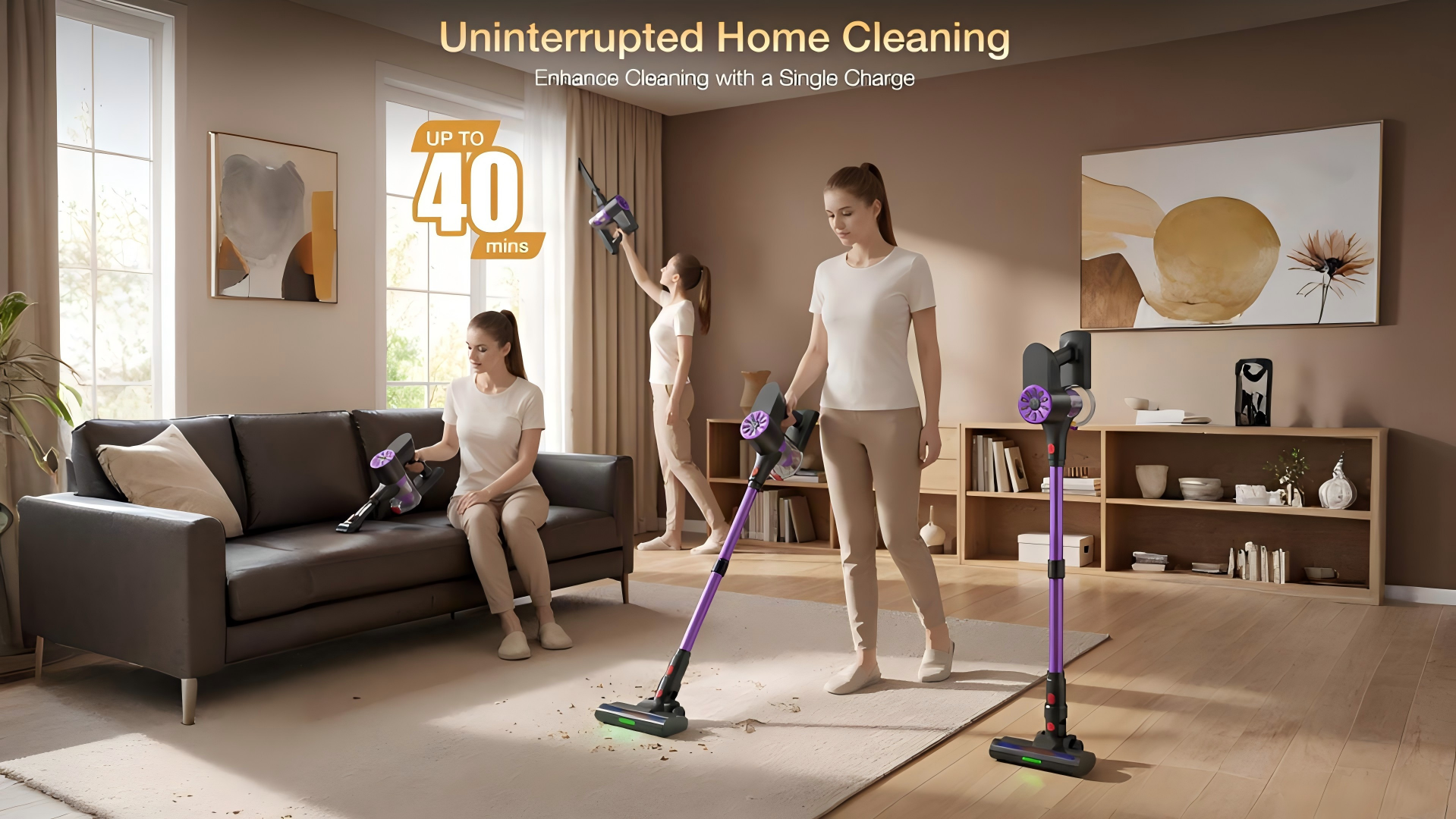 thumbnail video image 2 of Maircle Stick Vacuum Cleaner, 36Kpa Powerful Suction Cordless Vacuum with Headlight Motorized Brush, Self-Standing for Hard Floor, Carpet Pet Hair, Purple, 2 of 7