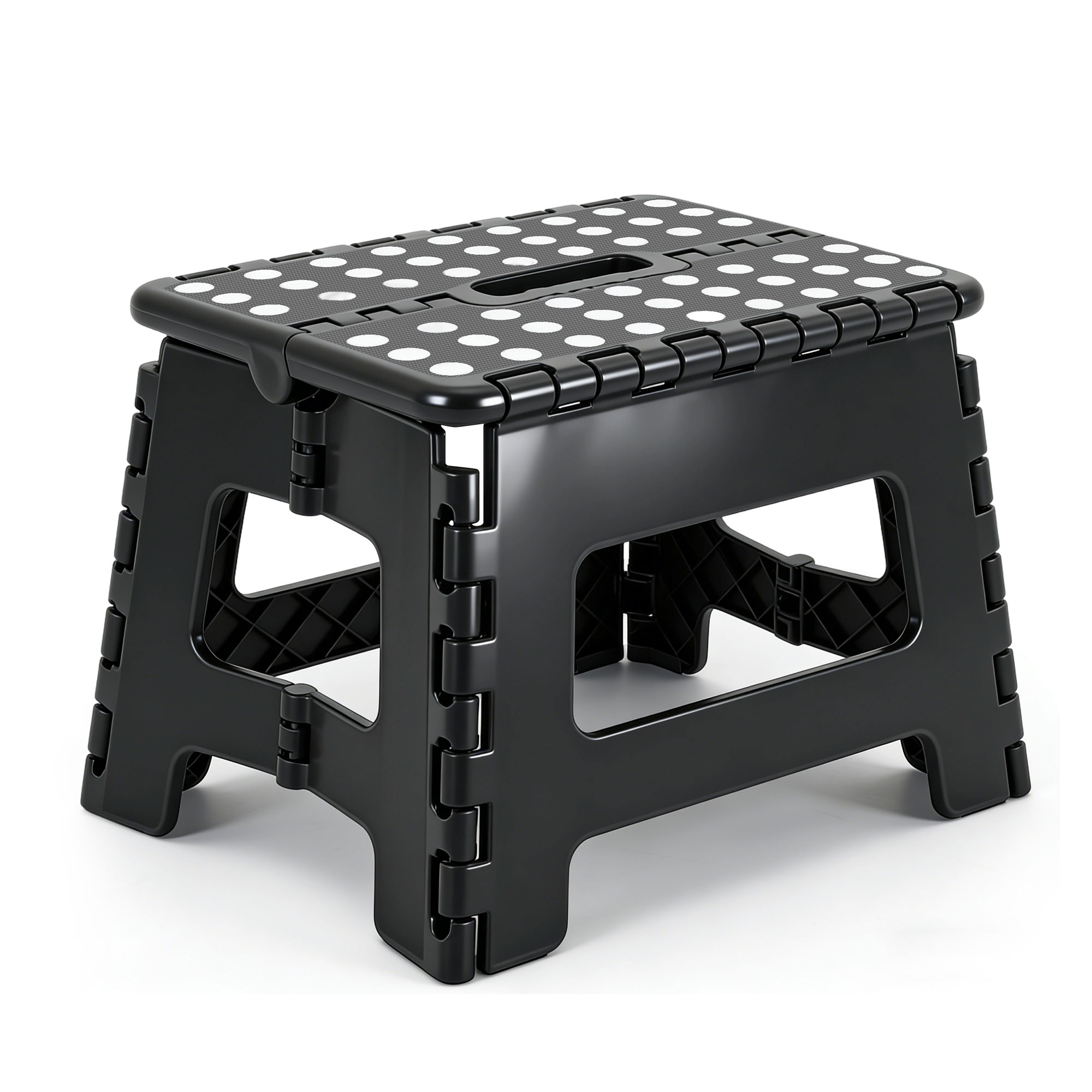 thumbnail video image 2 of JONPONY Folding Step Stool 9 Inch - Holds 300 lbs, Non-Slip Surface & Carry Handle  Compact Foldable Foot Stool for Adults, Bathroom, Bedroom,Black, 2 of 7