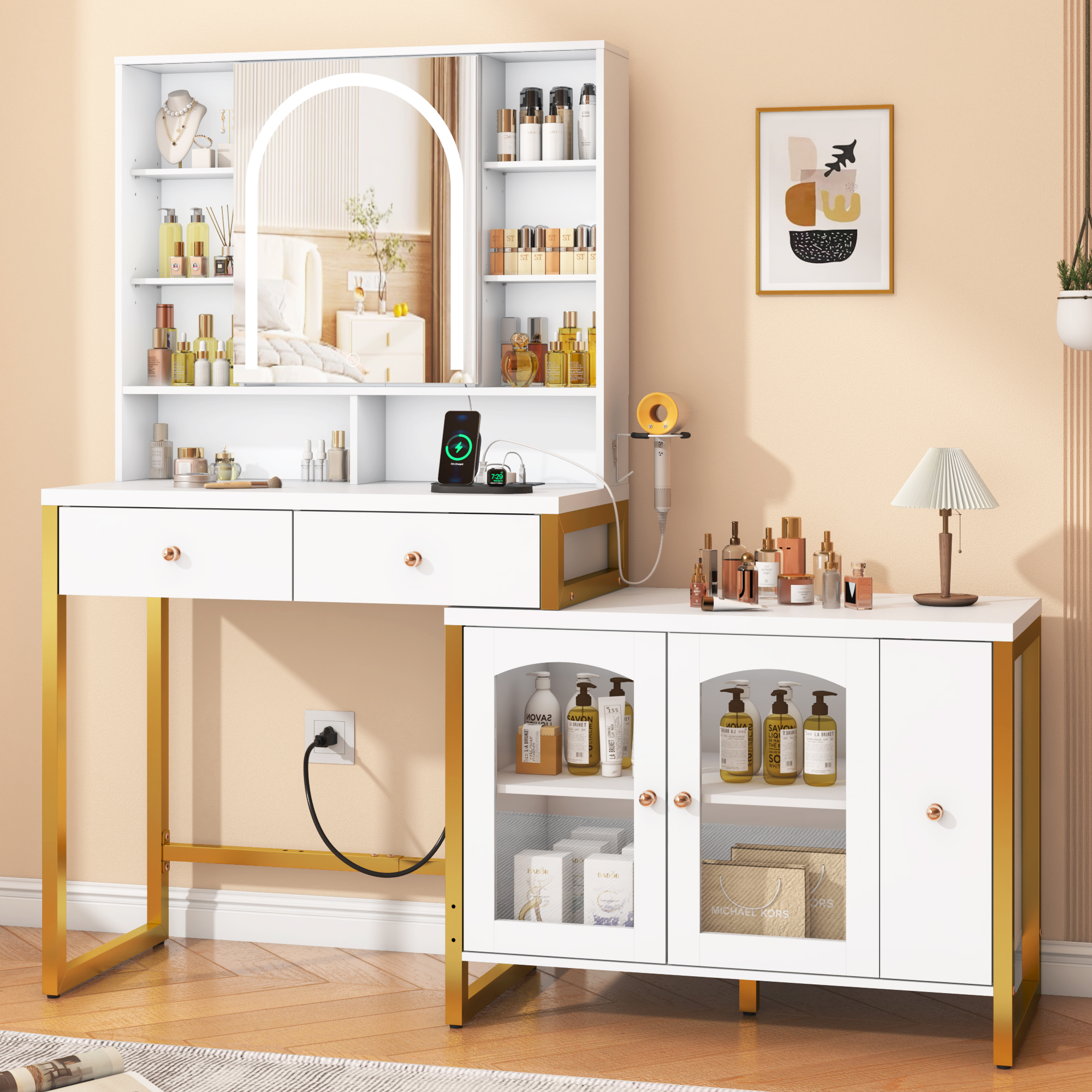thumbnail video image 2 of Blotout White and Gold Vanity with Sliding Mirror and Lights, Corner Vanity Desk, Dressing Table with Drawers, Power Outlets, for Women Girls Bedroom Room, 2 of 11