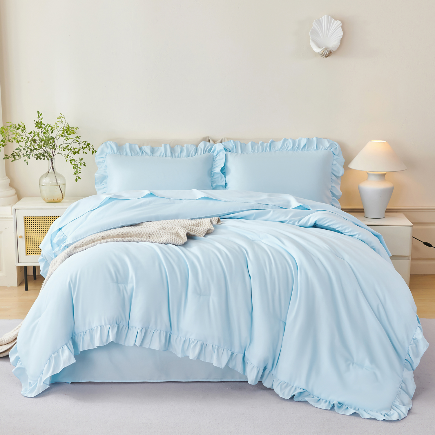 thumbnail video image 2 of URBONUR Light Blue Bedding Sets Twin 5Pcs Ruffle Bed in A Bag Farmhouse Comforter Set Soft Microfiber Bedding Comforter Set for All Season(Blue Twin), 2 of 10
