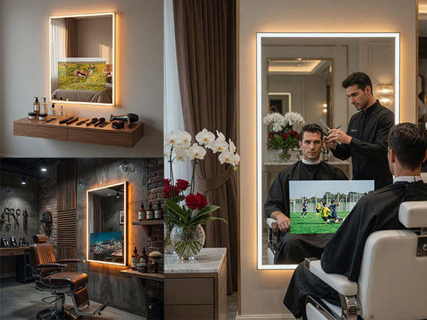 thumbnail video image 2 of Elecsung 24" W x 40" H Mirror with 22" Smart Display with LED Light webOS Salon Entertainment Streaming TV Voice Control Apps for Barber Shops Beauty Studios, 2 of 10
