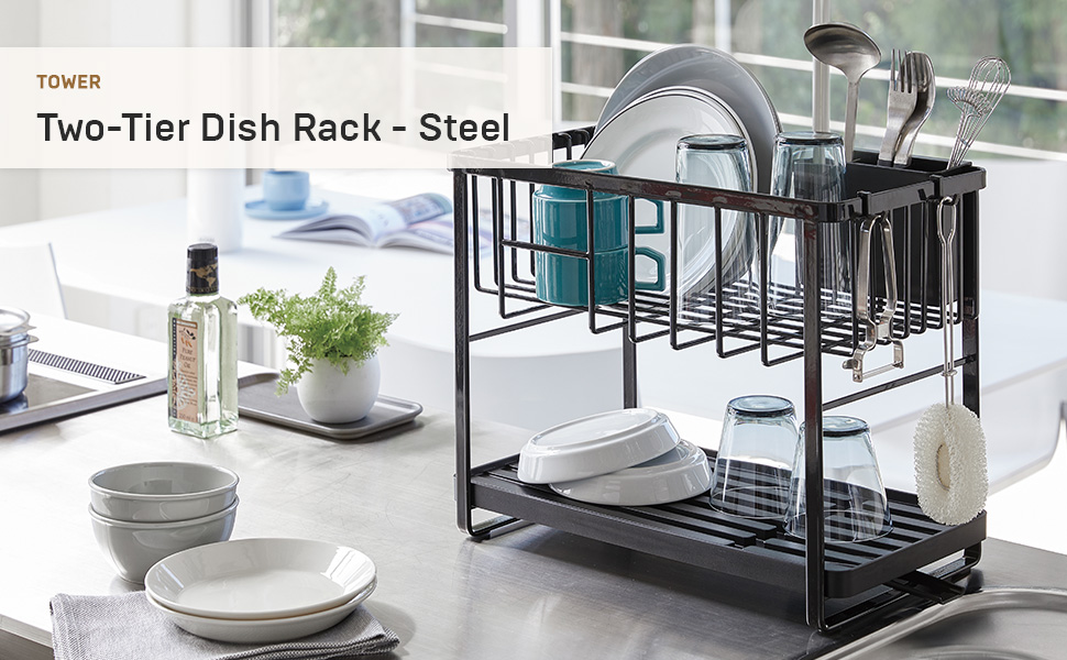 thumbnail video image 2 of Yamazaki Home Two-Tier Dish Rack, Black, Steel, Supports 28.6 pounds, Adjustable, Draining Spout, Drain Stopper, Utensil Holder, Water Resistant, No Assembly, 2 of 8