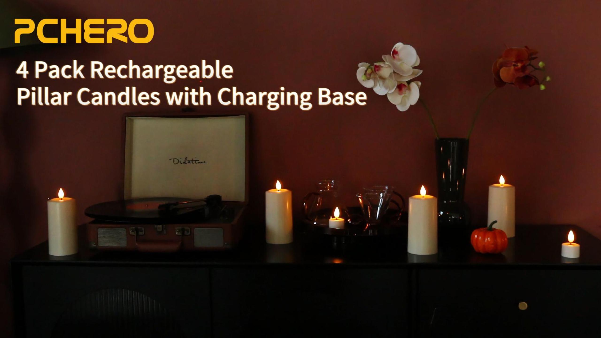 thumbnail video image 2 of PChero 4Pack Rechargeable Flameless Candles with Remote Timer, Flickering LED Pillar Candle with Magnetic Charging Base, Battery Electric Fake Candles for Home Decor Halloween Christmas, Ivory, 2 of 12