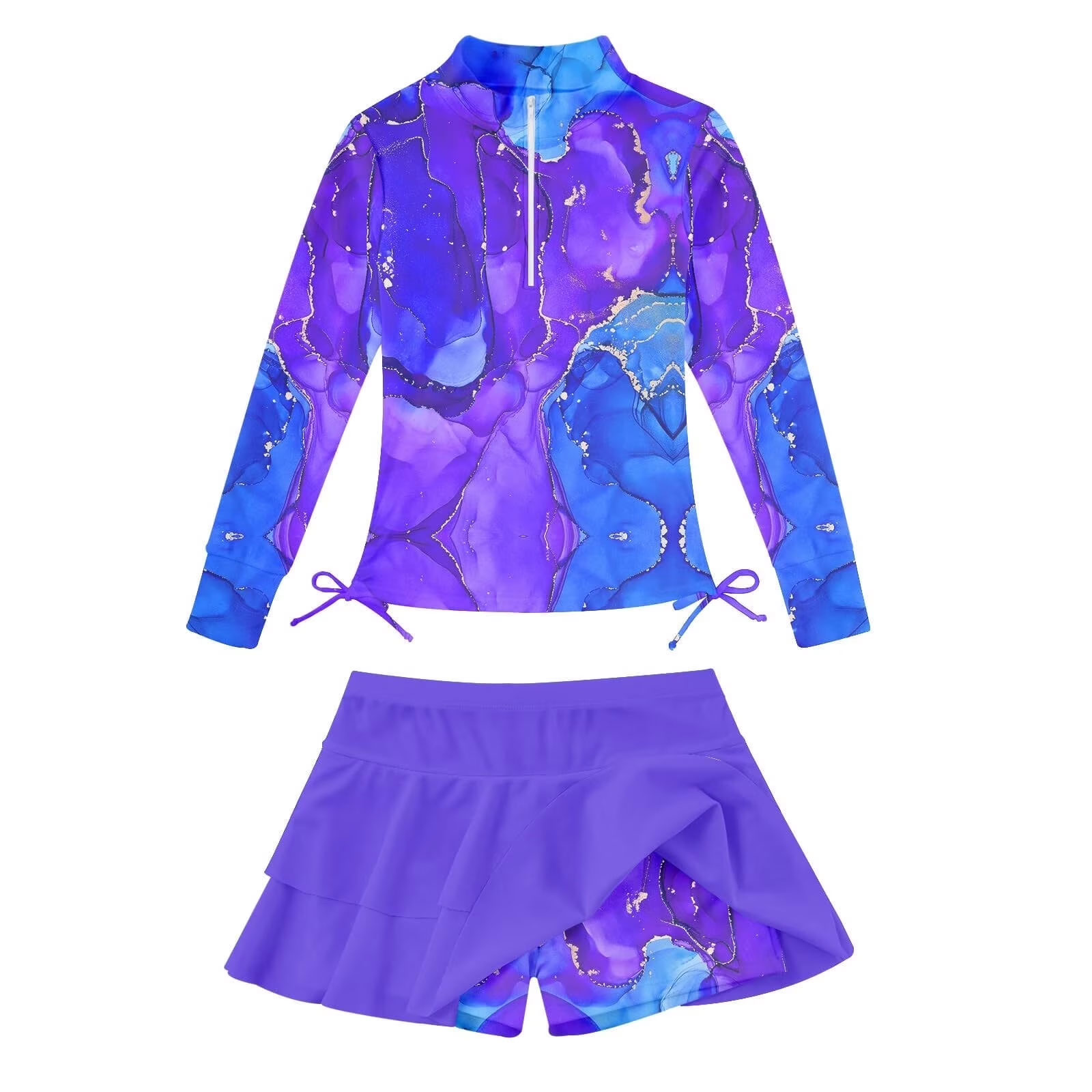 thumbnail video image 2 of Lanbubble Girls Long Sleeve Rash Guard Swimsuit Set Kids 2-Piece Tankini UPF 50+ Swimwear with Skort Side Drawstrings Hem Mermaid Scale 7-8 Years, 2 of 7