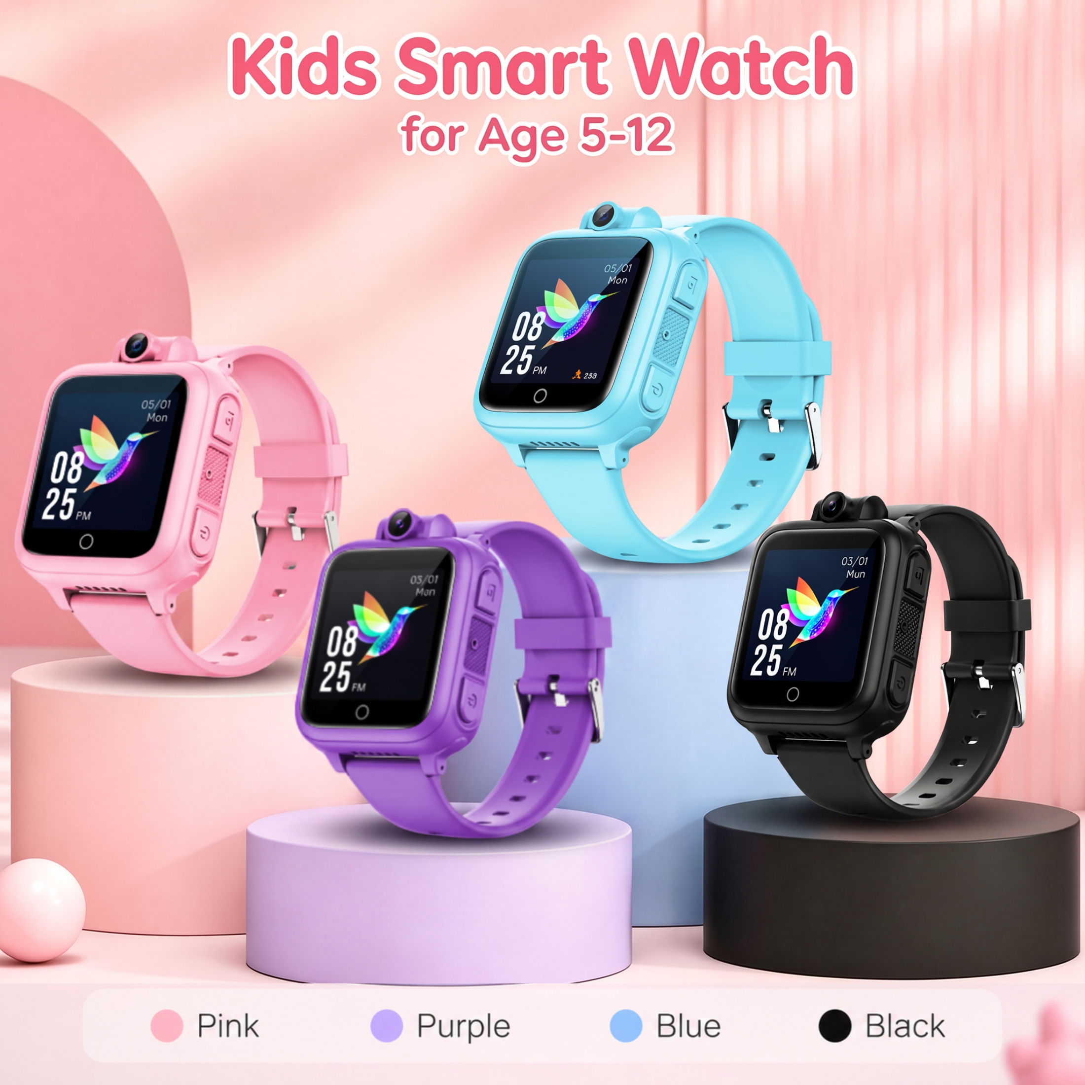 thumbnail video image 2 of Kids Smart Watch with 90° Rotatable Camera, 26 Educational Games, Music Player, No App Required, Smartwatch for Boys and Girls Ages 5-12, Pink, 2 of 10