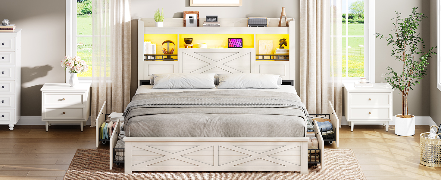 thumbnail video image 2 of Bed Frame Queen with Storage Flip-Down Lighted Headboard & Charger, Farmhouse Wood Platform Bed with 4 Drawers Metal Slats White, 2 of 11