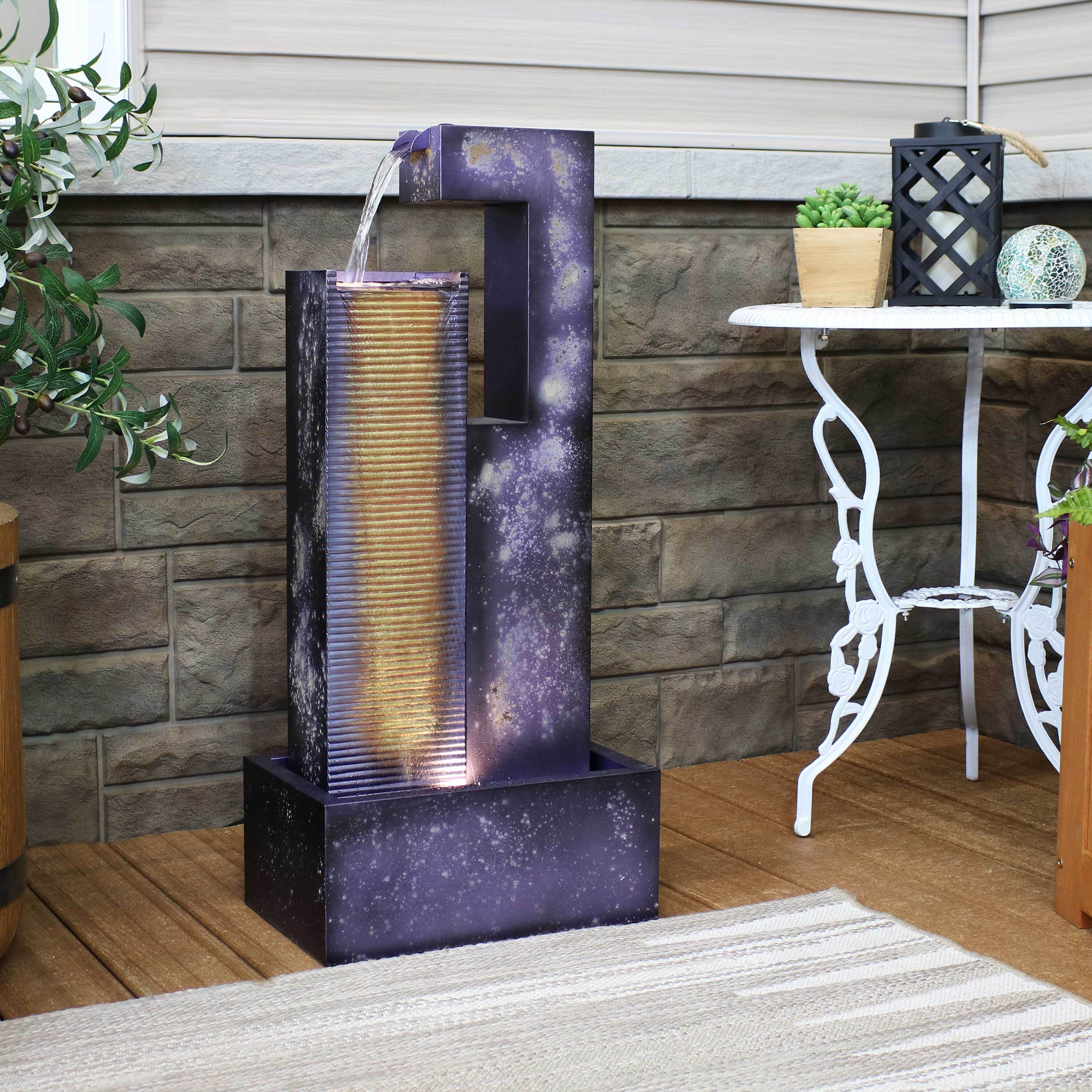 thumbnail video image 2 of Sunnydaze Cascading Tower Metal Outdoor Water Fountain with Light, 2 of 13