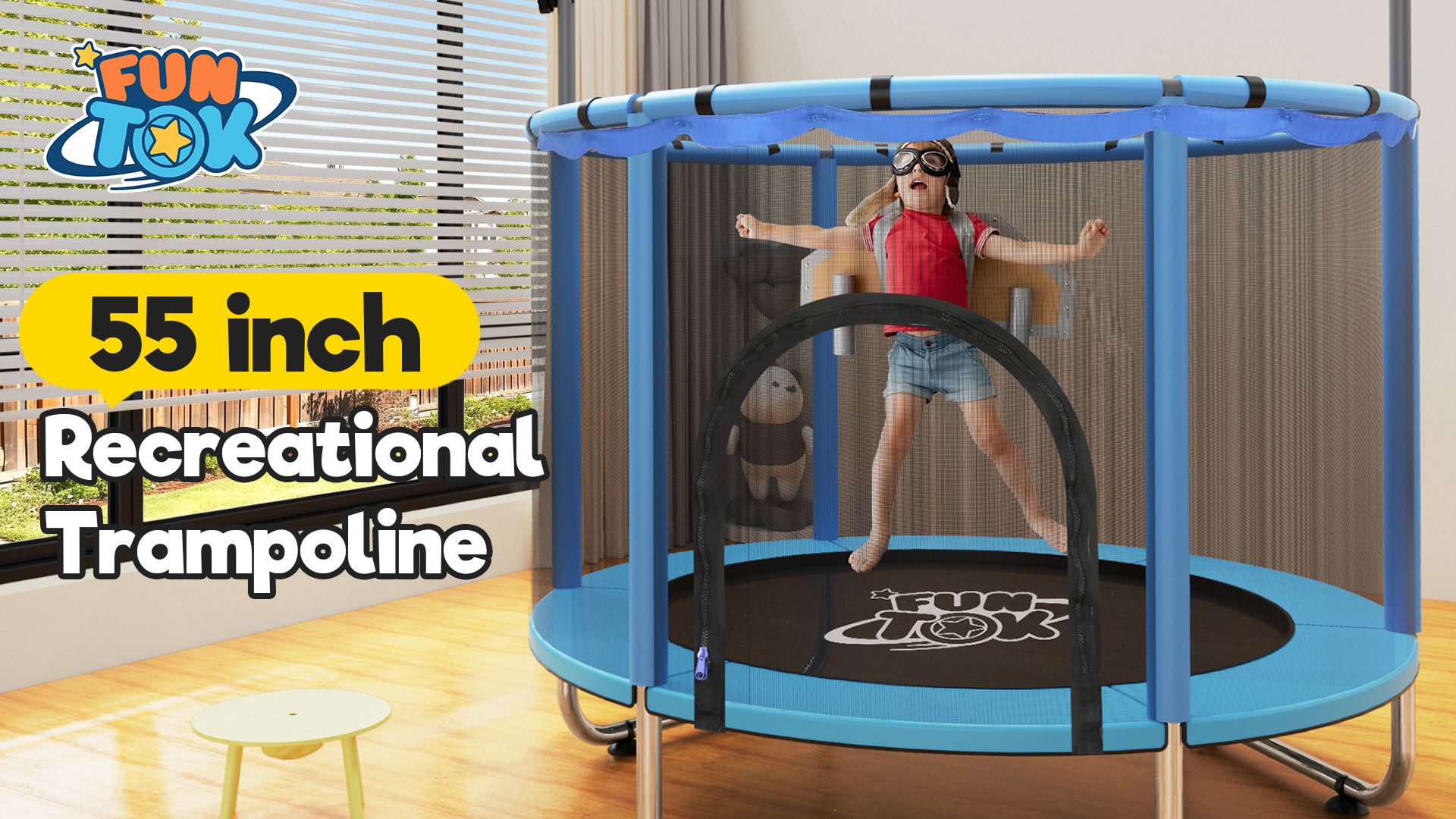 thumbnail video image 2 of FUNTOK Trampoline for Kids w/ Swing 440LBS, 55" Mini Trampoline for Toddler Age 2-5, Adjustable Mini Indoor Small Trampoline w/ Net Basketball Hoop, Sandbag, Hanging Rings, Pink, 2 of 9