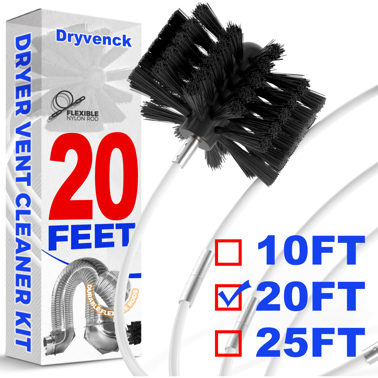 thumbnail video image 2 of DRYVENCK 20Feet Dryer Vent Cleaner Kit , Dryer Vent Hose Cleaning Brush , Flexible Dryer Lint Remover , Synthetic Brush Head Use with or Without a Power Drill, 2 of 12