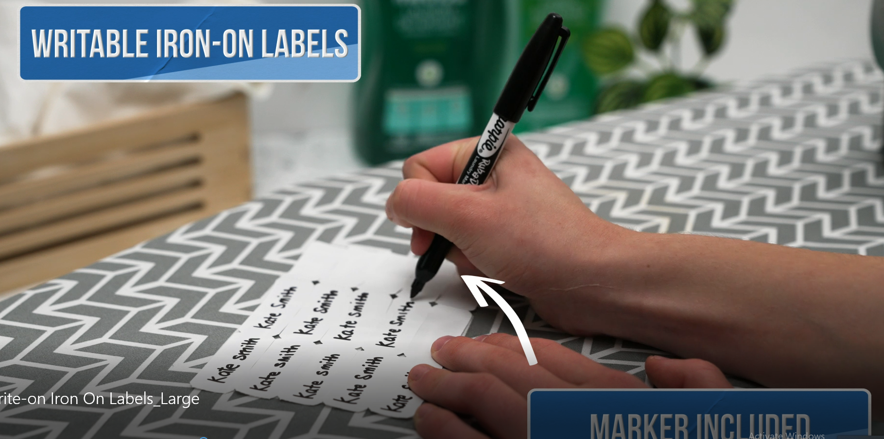 thumbnail video image 2 of Writable Iron on Name Tags for Clothing 200pcs (Large) - Clothing Labels for Nursing Home & Daycare, Personalized & Custom Name Tag, Fabric Labels for Clothes Washable Precut 2”x0.75”, 2 of 7