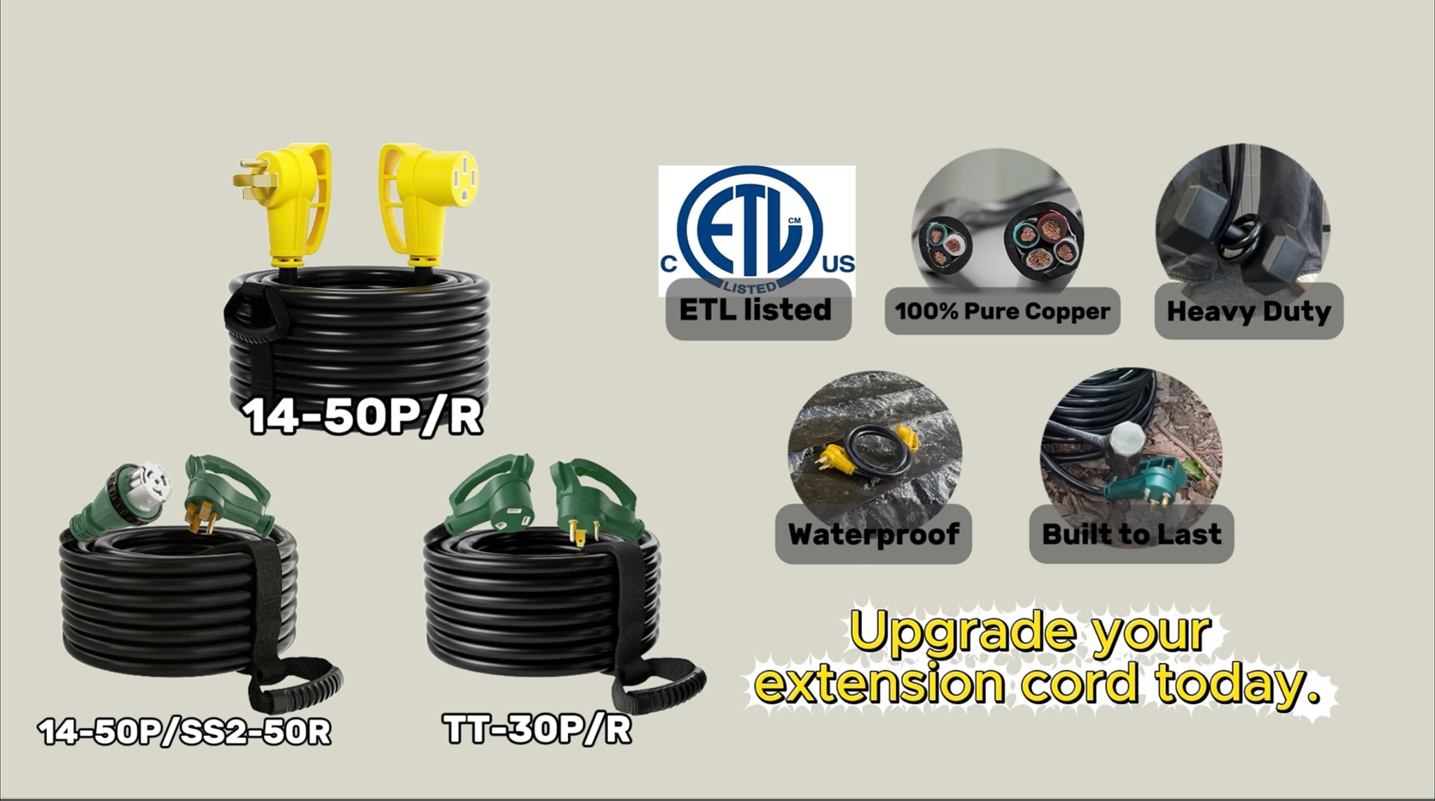 thumbnail video image 2 of ZAZFO 10ft 30Amp RV Extension Cord, Heavy Duty 10/3 Gauge Waterproof RV Power Cord, NEMA TT-30P/R 125V, Black-Green, 2 of 9