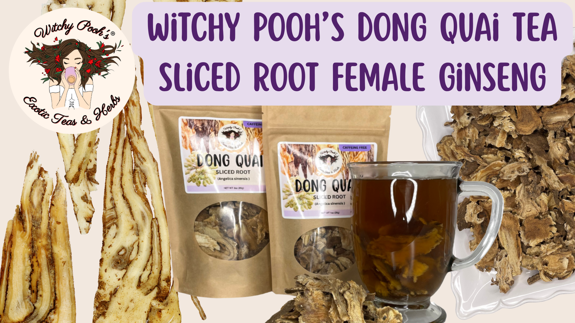 thumbnail video image 2 of Witchy Pooh's Dong Quai Tea - Female Ginseng, Sliced Root, Caffeine Free, 3oz Pouch, 2 of 6