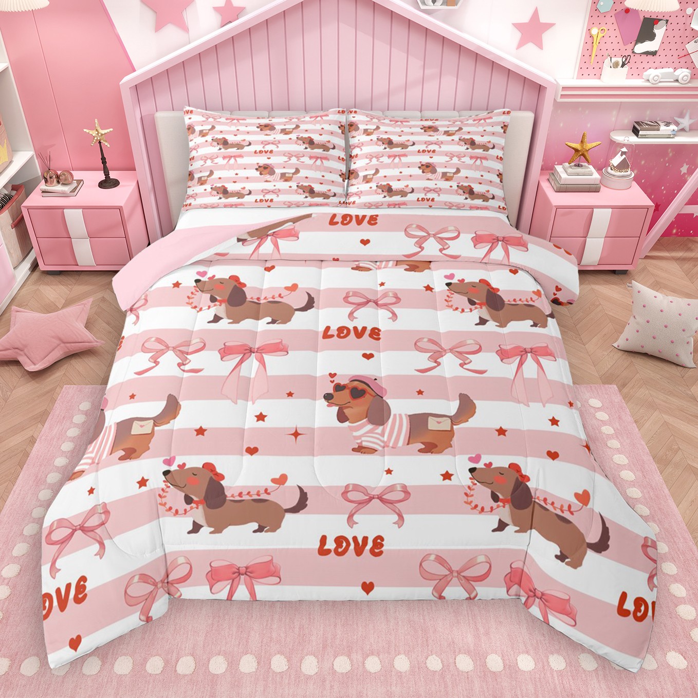 thumbnail video image 2 of Castle Fairy Cartoon Dog Dachshund 2Pcs Bedding Comforter Set for Kids Children Preppy,Kawaii Ribbon Bow Twin Comforter Sets,Geometric Stripes Breathable Bedding Set,Lightweight Room Decor, 2 of 9
