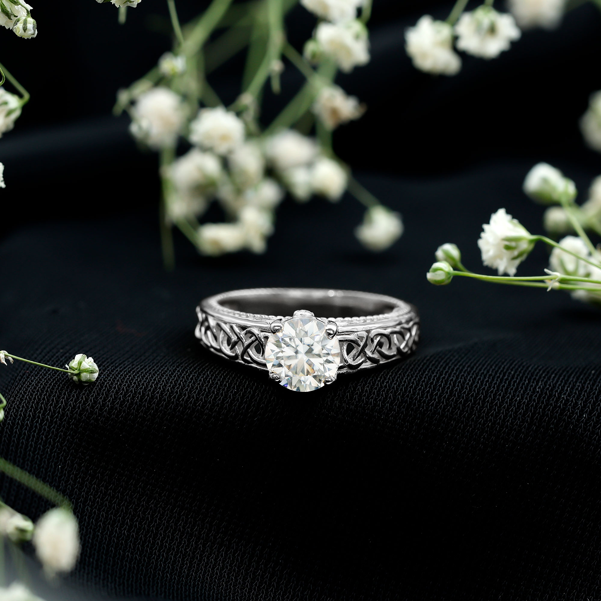 thumbnail video image 2 of Rosec Jewels Solitaire Moissanite Round Engagement Ring 1 Carat - Celtic Knot Ring - 7 mm - D-VS1 Quality Certified, 14K White Gold, US 9.50, 2 of 9