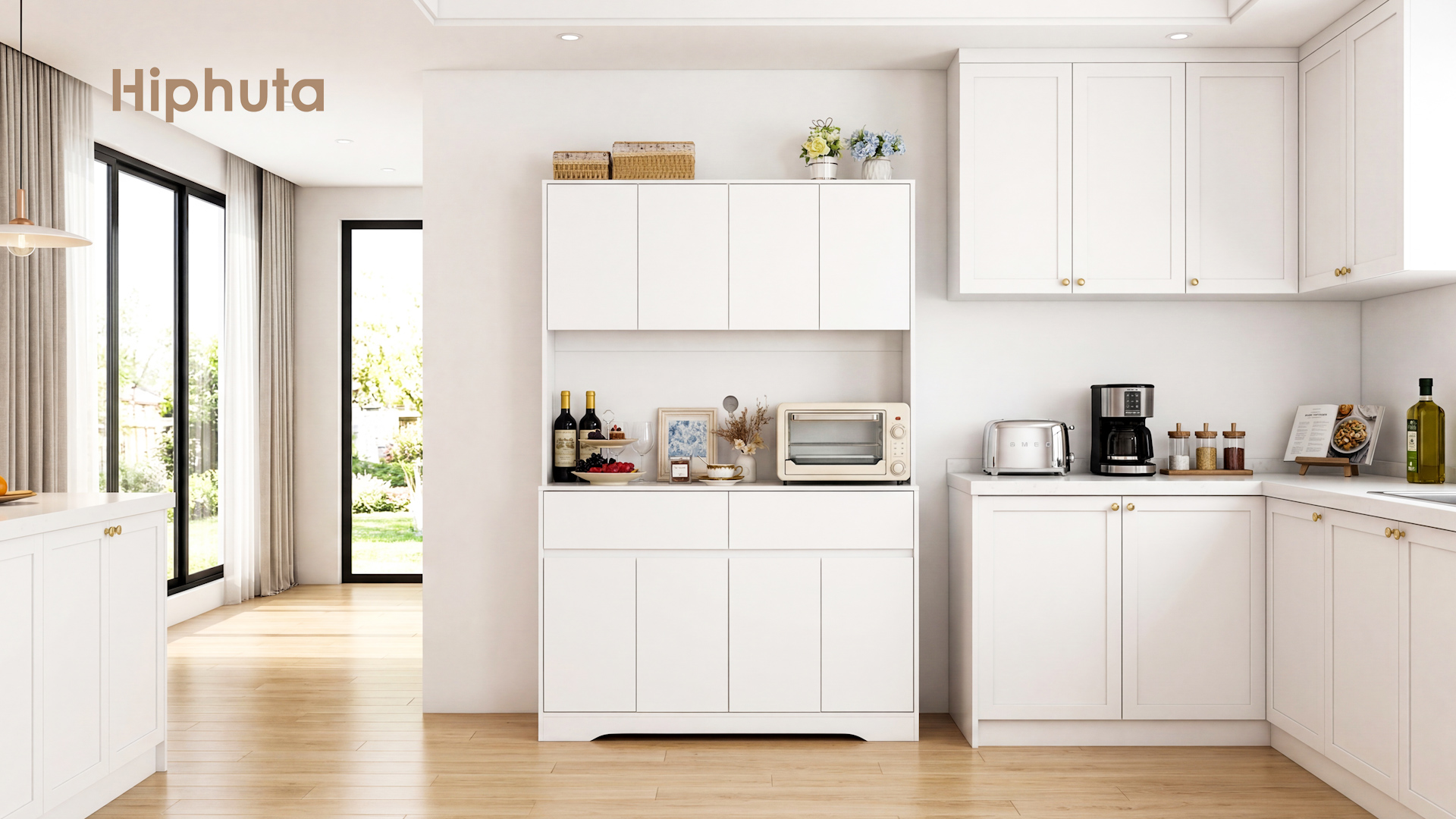thumbnail video image 2 of Hiphuta 71"Tall Modern Pantry Cabinet with Charge Station & Led Light, Freestanding Kitchen Hutch Cabinet for Dining Room, White, 2 of 10