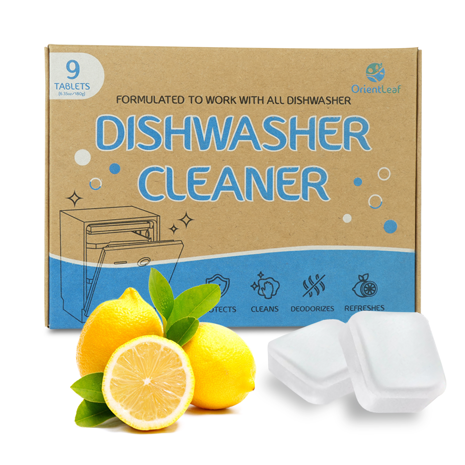 thumbnail video image 2 of OrientLeaf 9 Dishwasher Cleaner Tablets, Lemon Scent Dishwasher Cleaner and Deodorizer, Dishwasher Machine Descaler for Limescale, Grease & Odors, for Most Dishwashers, 2 of 7