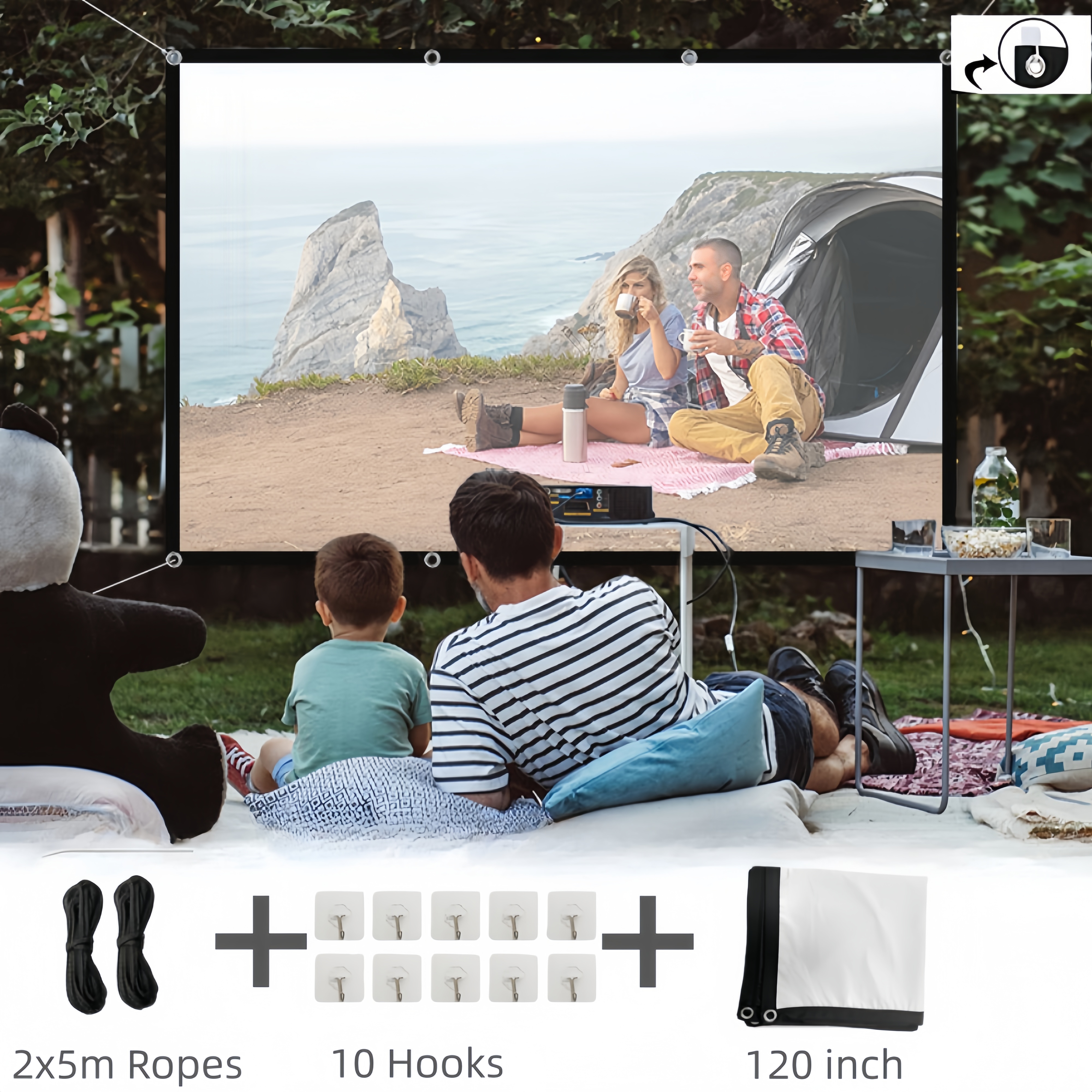 thumbnail video image 2 of 150" Portable Projector Screen | Indoor/Outdoor 16:9 Wrinkle-Free Movie Screen | Front/Rear Projection for Home Theater & Backyard Movies, 2 of 10