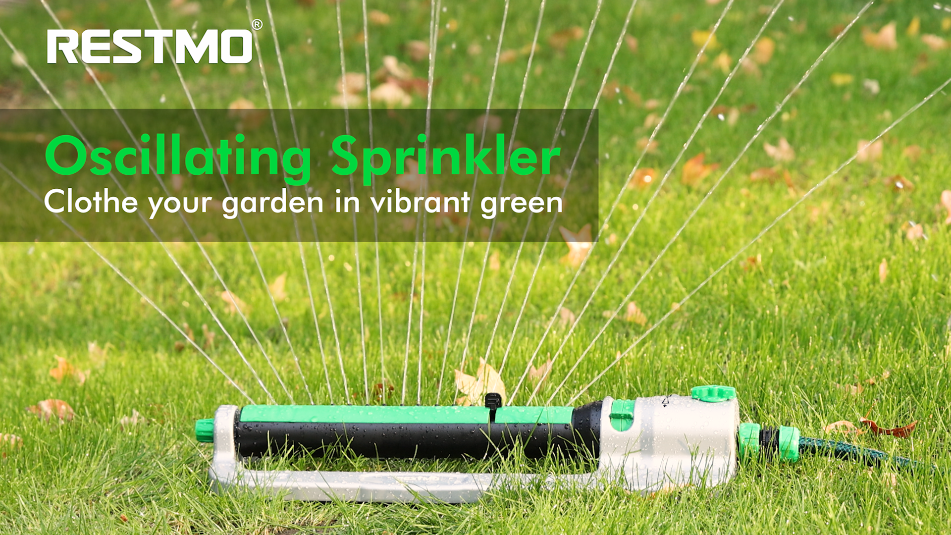 thumbnail video image 2 of Restmo Heavy Duty 4,200 Sq. Ft. Oscillating Sprinkler with Stable Metal Base, 18 Nozzles, Adjustable Flow & Width Sprinkler for Garden, Flower Beds, Large Area Watering, 2 of 8