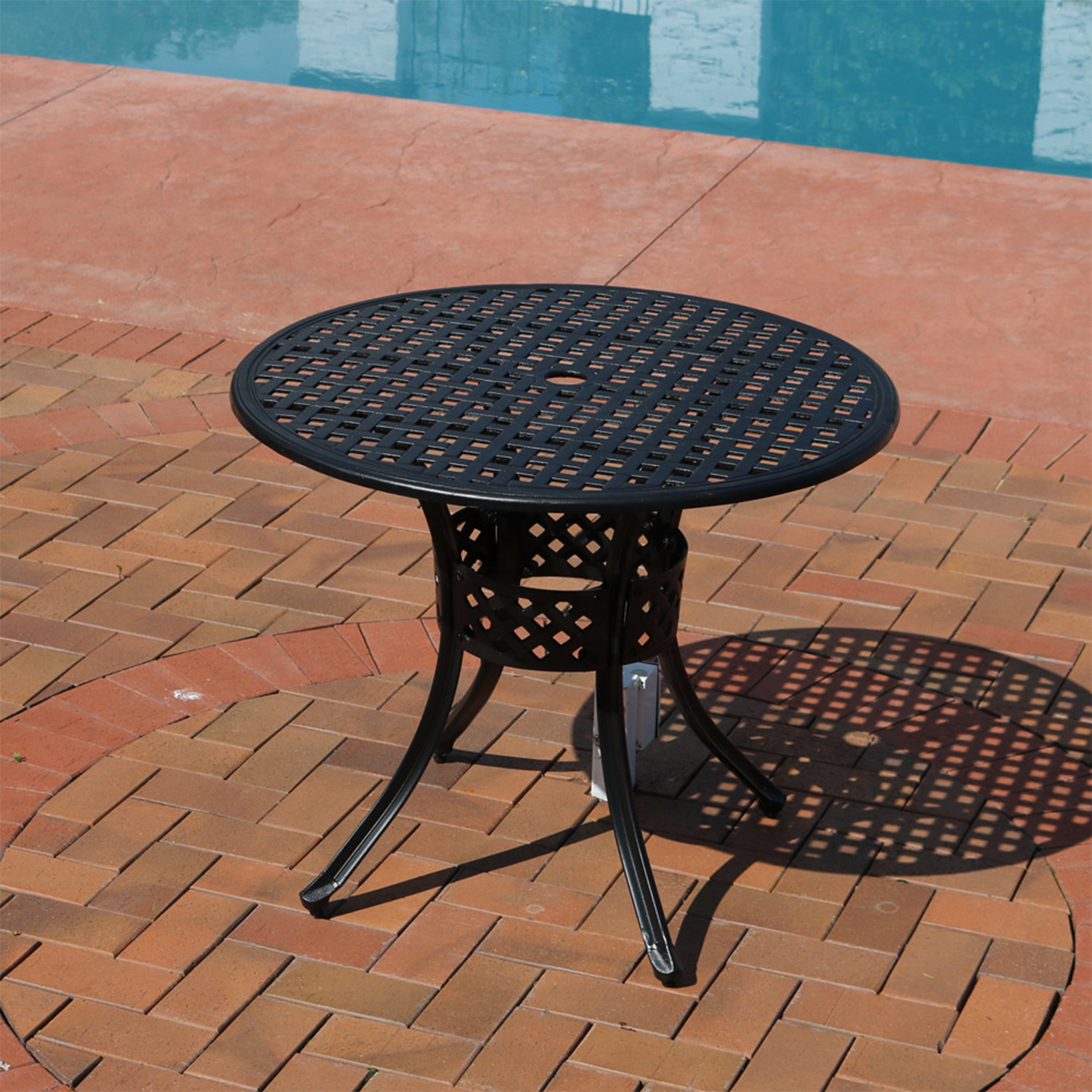 thumbnail video image 2 of Sunnydaze Round Lattice Design Cast Aluminum Outdoor Patio Table with Umbrella Hole, Black, 2 of 6