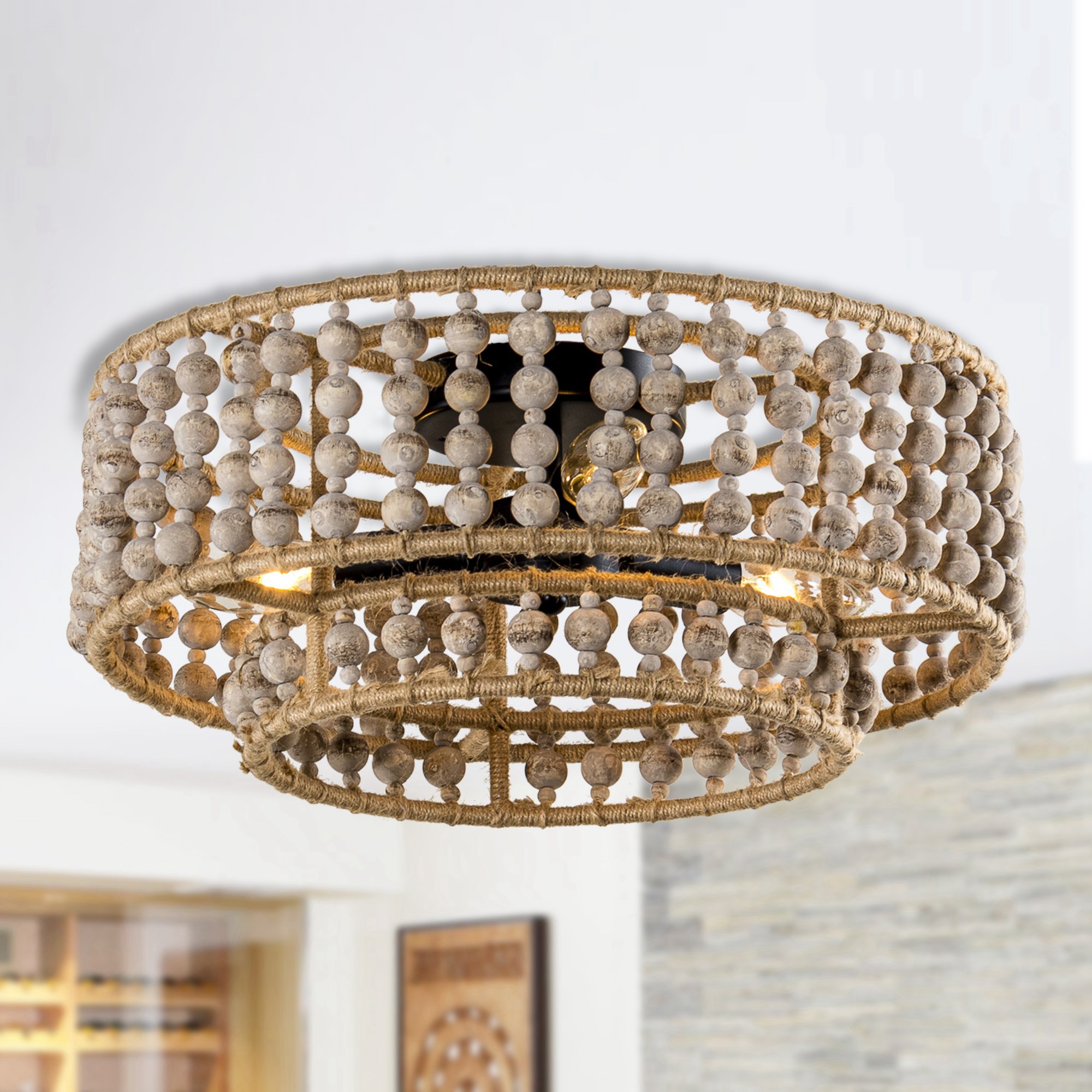 thumbnail video image 2 of Parrot Uncle 16 inch Bohemia Flush Mount Ceiling Lights Wood Beaded Chandelier Ceiling Light Fixtures for Bedroom with 3 Lights, bulbs and switch not included, 2 of 10