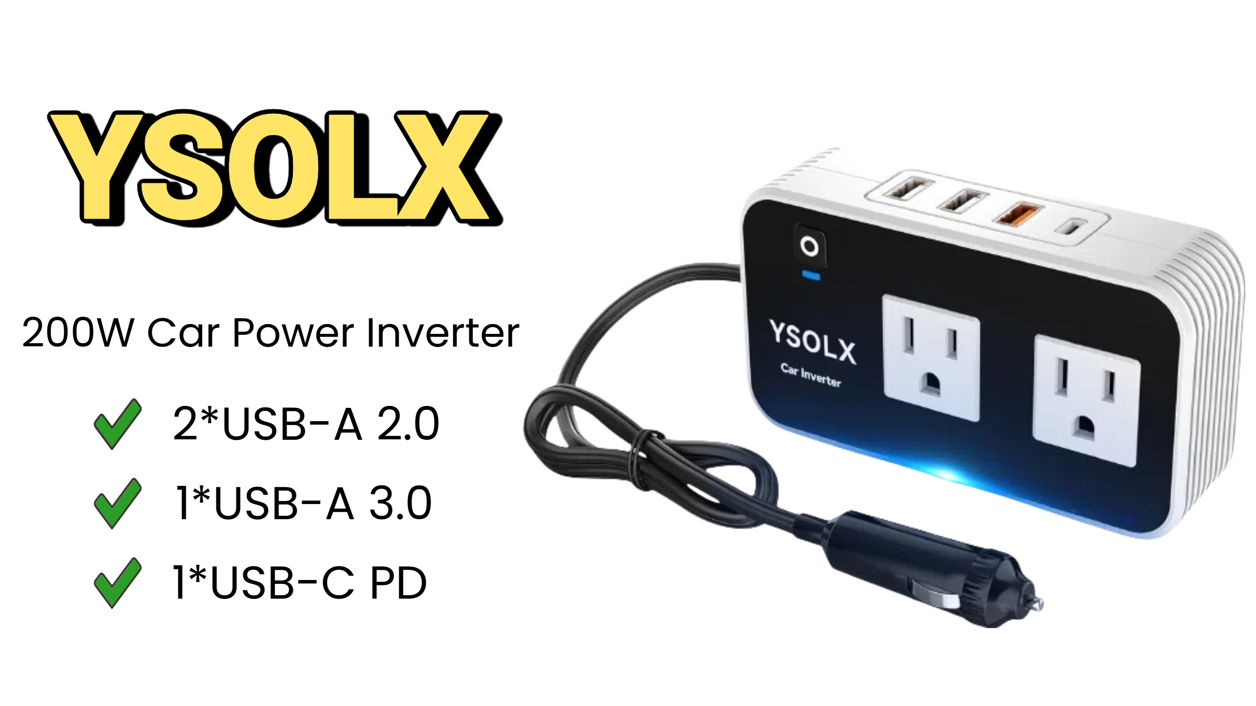 thumbnail video image 2 of YSOLX 200W Car Power Inverter for Vehicles Charger Adapter Outlets DC 12V to 110V AC for Road Strip, 2 of 7
