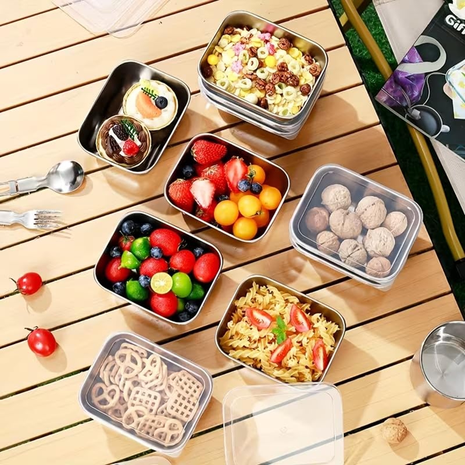 thumbnail video image 2 of 5/6/8-Piece Stainless Steel Food Storage Containers with Lids Refrigerator-Safe Containers Storage Boxes Meal Prep Containers Food Storage for Meal Prep, Lunch Boxes, Office Use, Outdoors, Picnics, 2 of 8