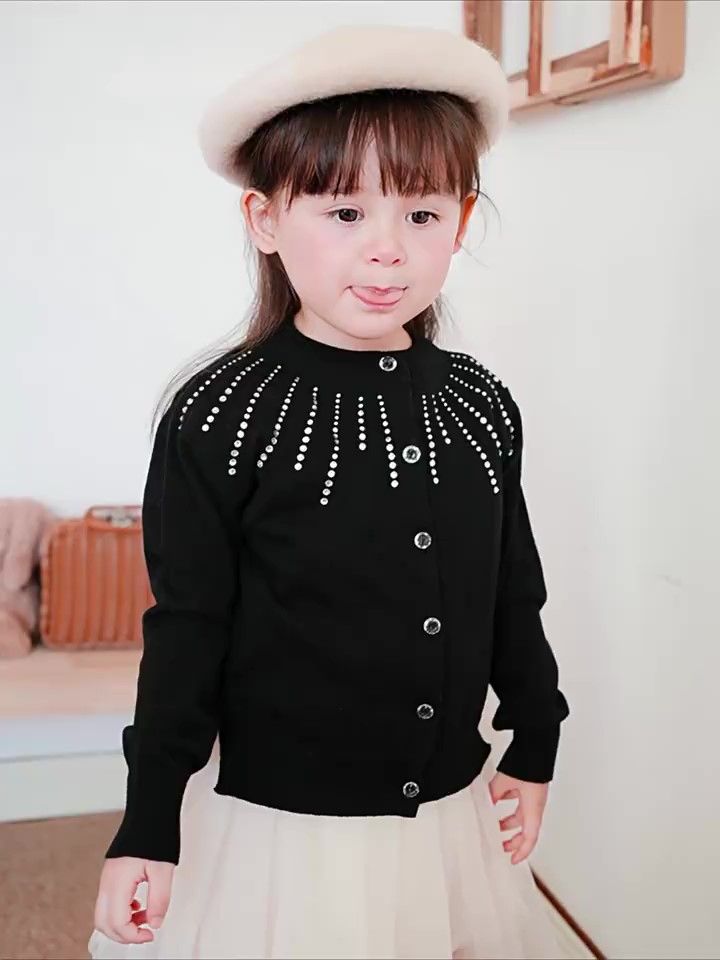 thumbnail video image 2 of SGMVNU Little Girls & Big Girls Knit Cardigan Sweater, Toddler Button Down Knitwear Fashion Fall Cardigan Outerwear(Size 4-5 Years,Black), 2 of 9