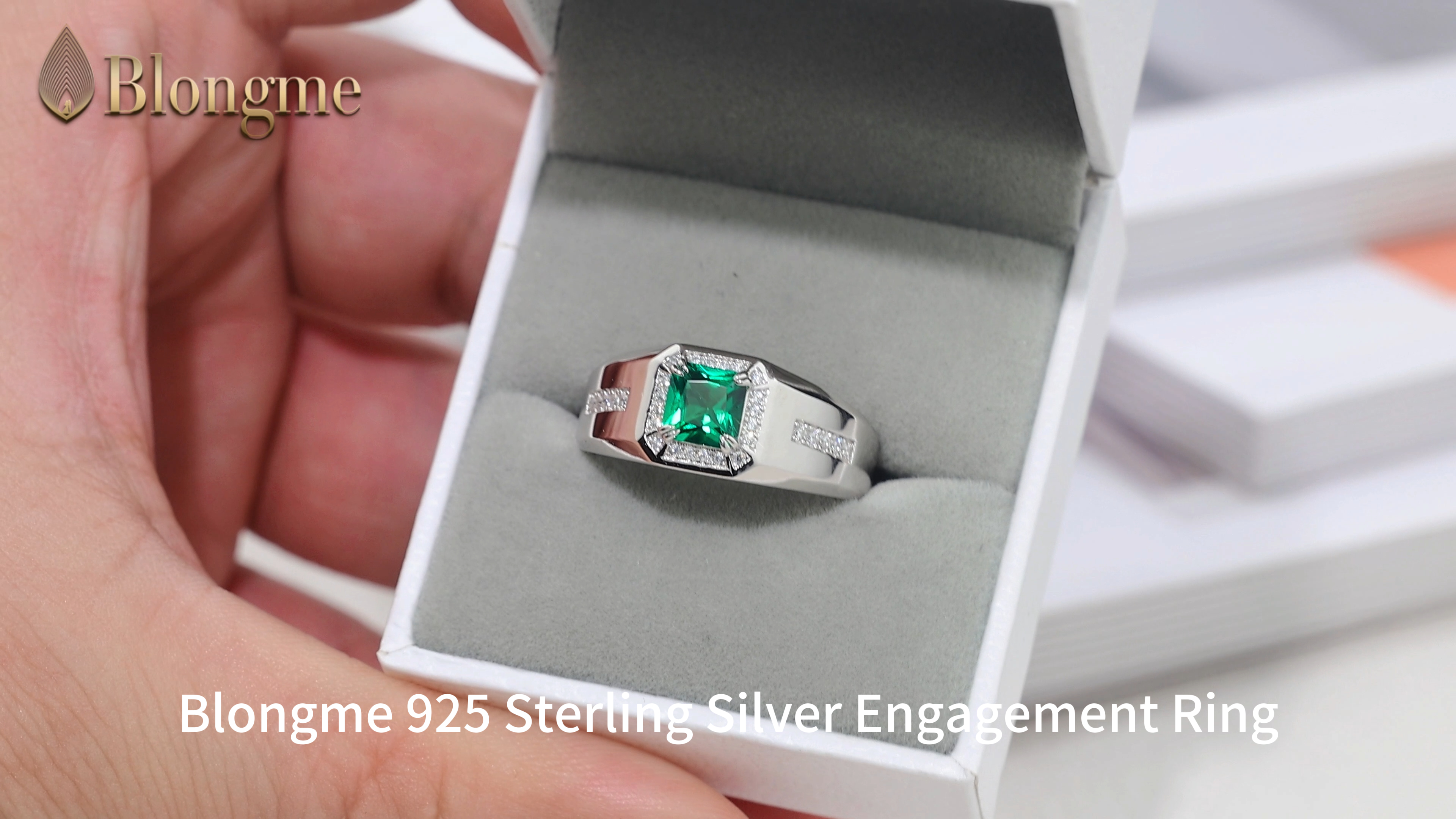 thumbnail video image 2 of Blongme Jewelry Trendy Men Engagement Rings 925 Sterling Silver 6*6mm 1.25 CT Princess Cut Green Cubic Zirconia Wedding Band for Him Ring Size 7, 2 of 11