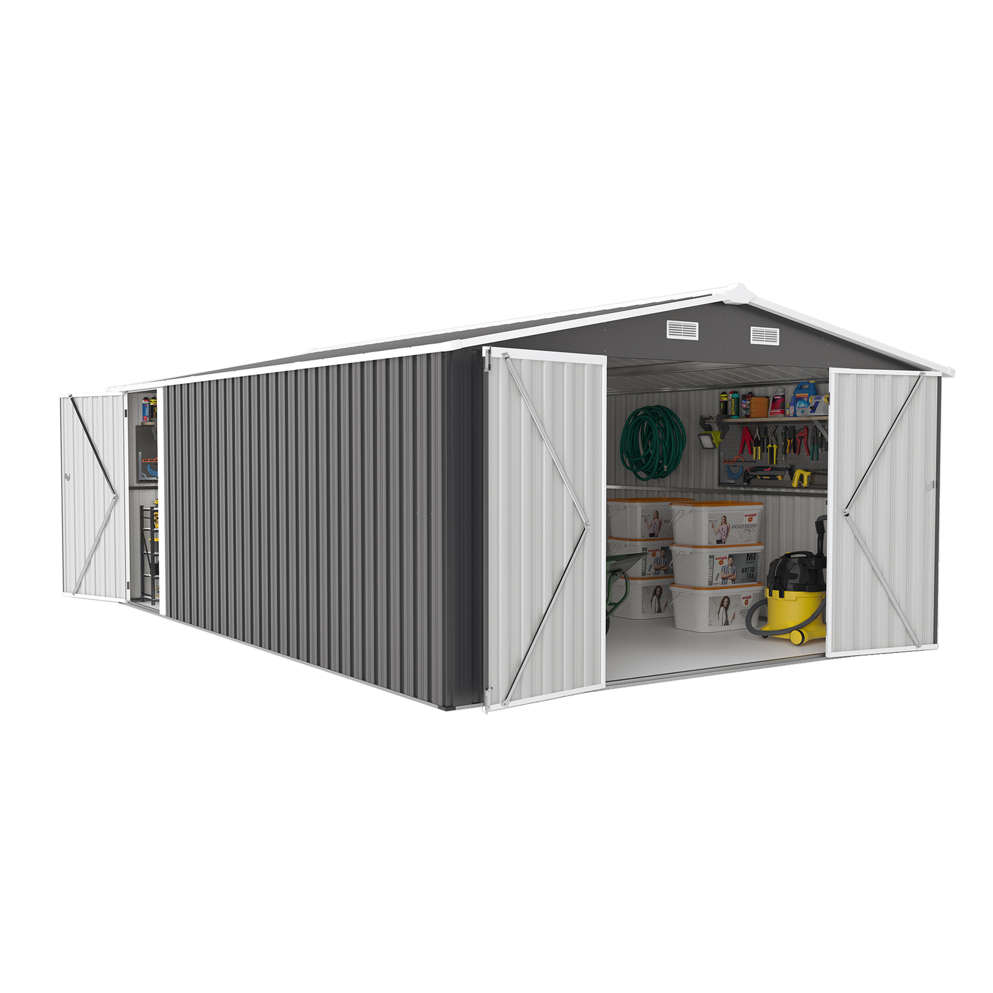 thumbnail video image 2 of Campcraft 10x14ft Outdoor Storage Shed with 3 Lockable Doors - Heavy Duty Metal  Garden Shed,commercial-grade, triple door,fits riding mowers , Waterproof for Backyard/Patio (Dark Grey), 2 of 22