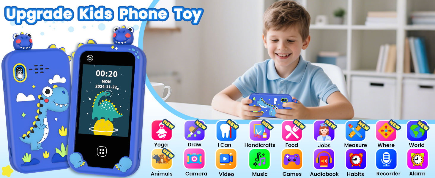 thumbnail video image 2 of Kids Smart Phone for Boys, Christmas Birthday Gift for Ages 3-8, Dinosaur Toddler Learning Toy Touchscreen Cell Phone with Dual Camera, Music Player, Game, 8GB SD Card (Blue), 2 of 8